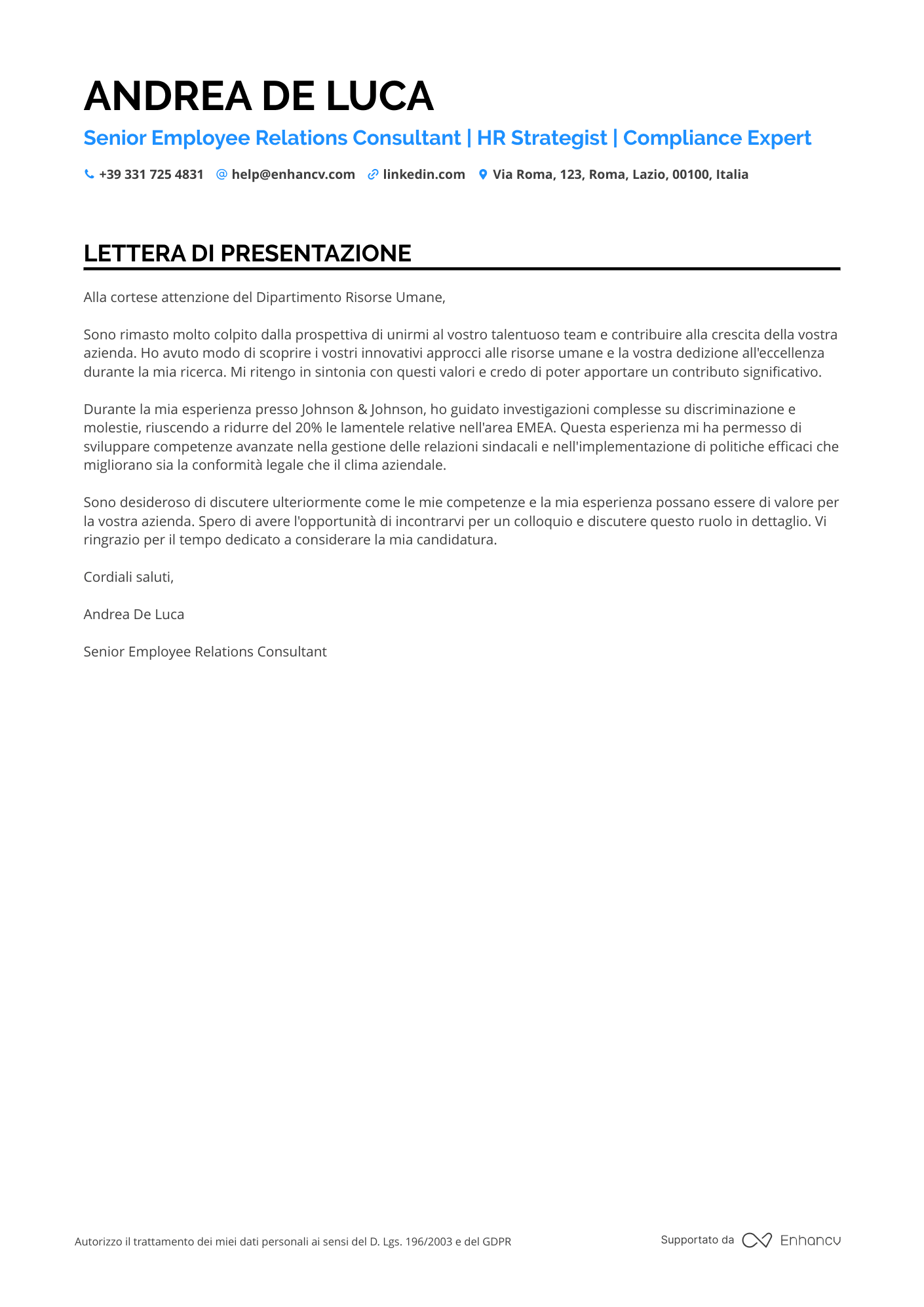 Risorse Umane Senior Resume Example