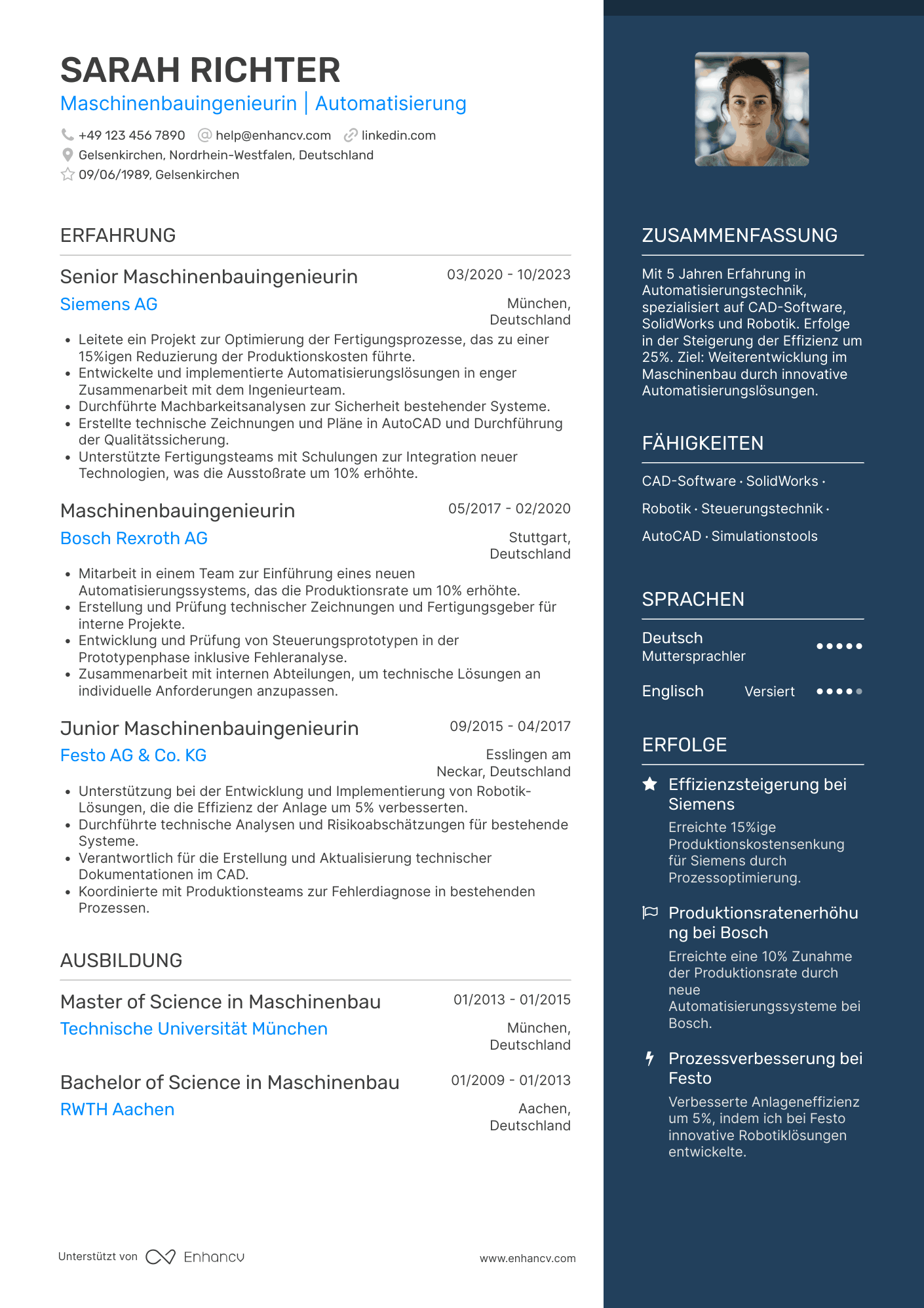 Lebenslauf als Maschinenbauingenieur für Automatisierungstechnik Resume Example