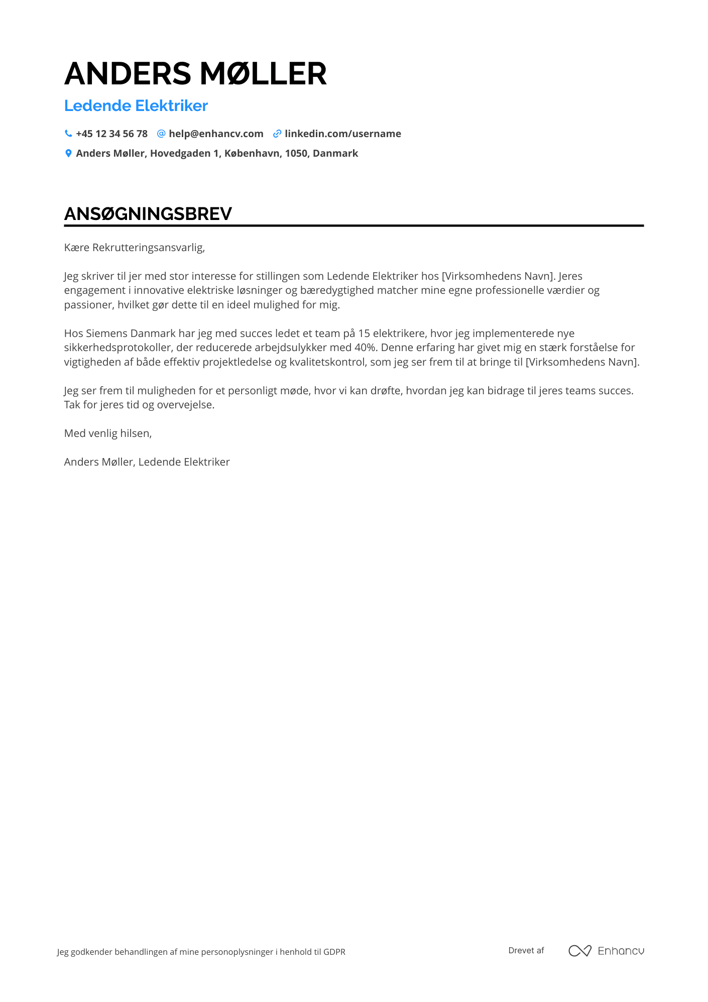 Ansøgningsbrev til Ledende Elektriker Resume Example
