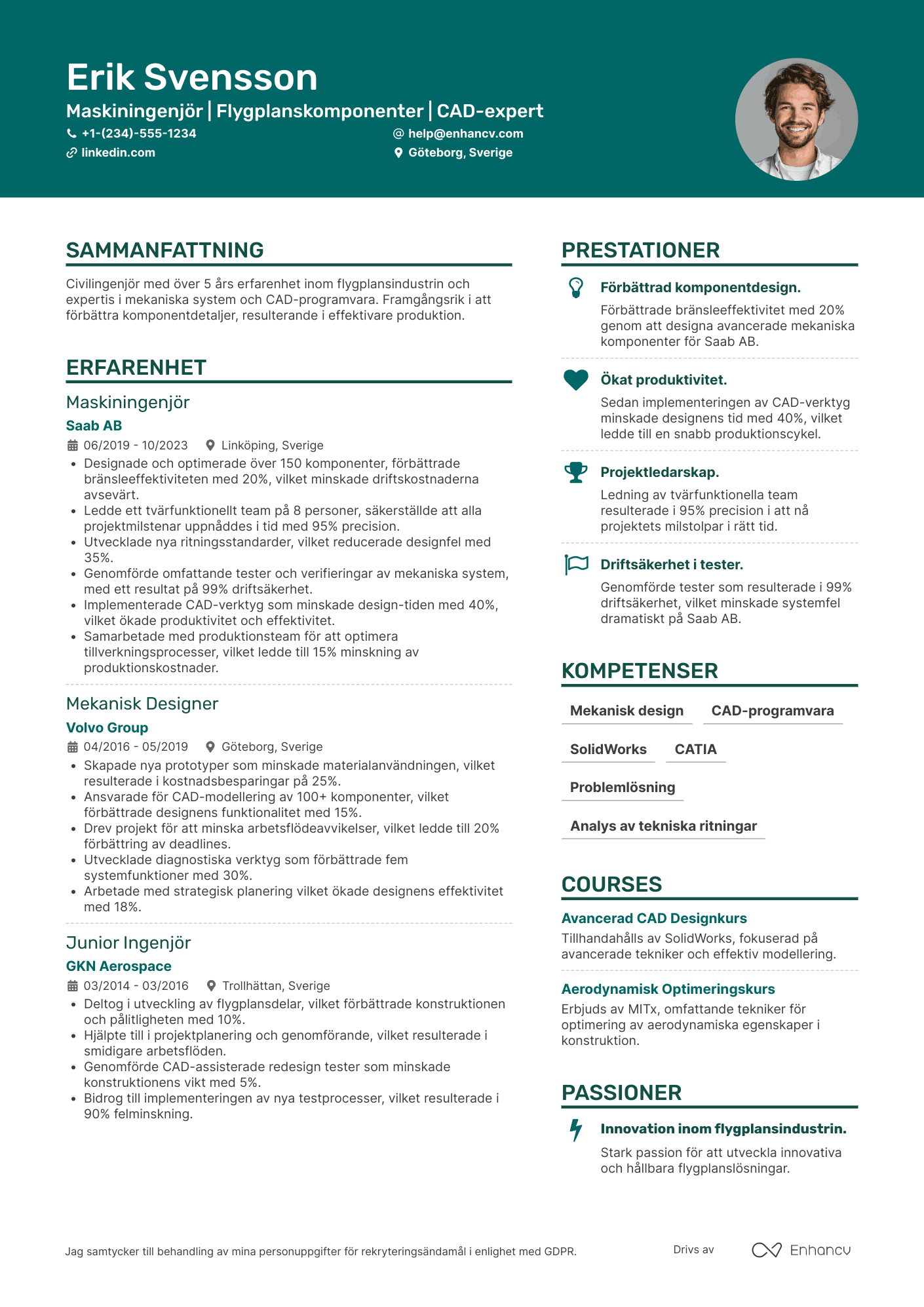 CV för Flygplansindustrin Maskiningenjör Resume Example