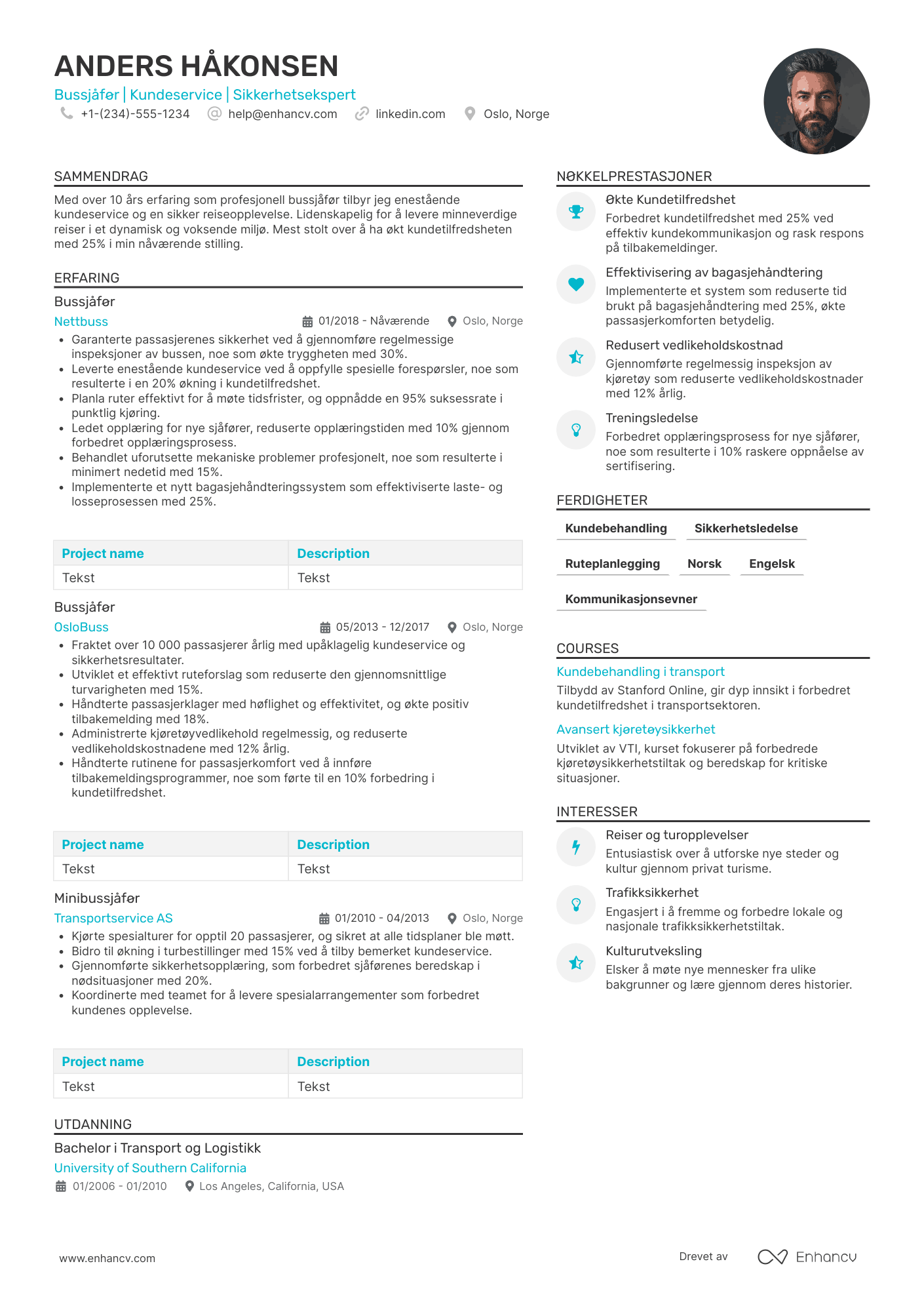 CV for Bussjåfør   private turer Resume Example