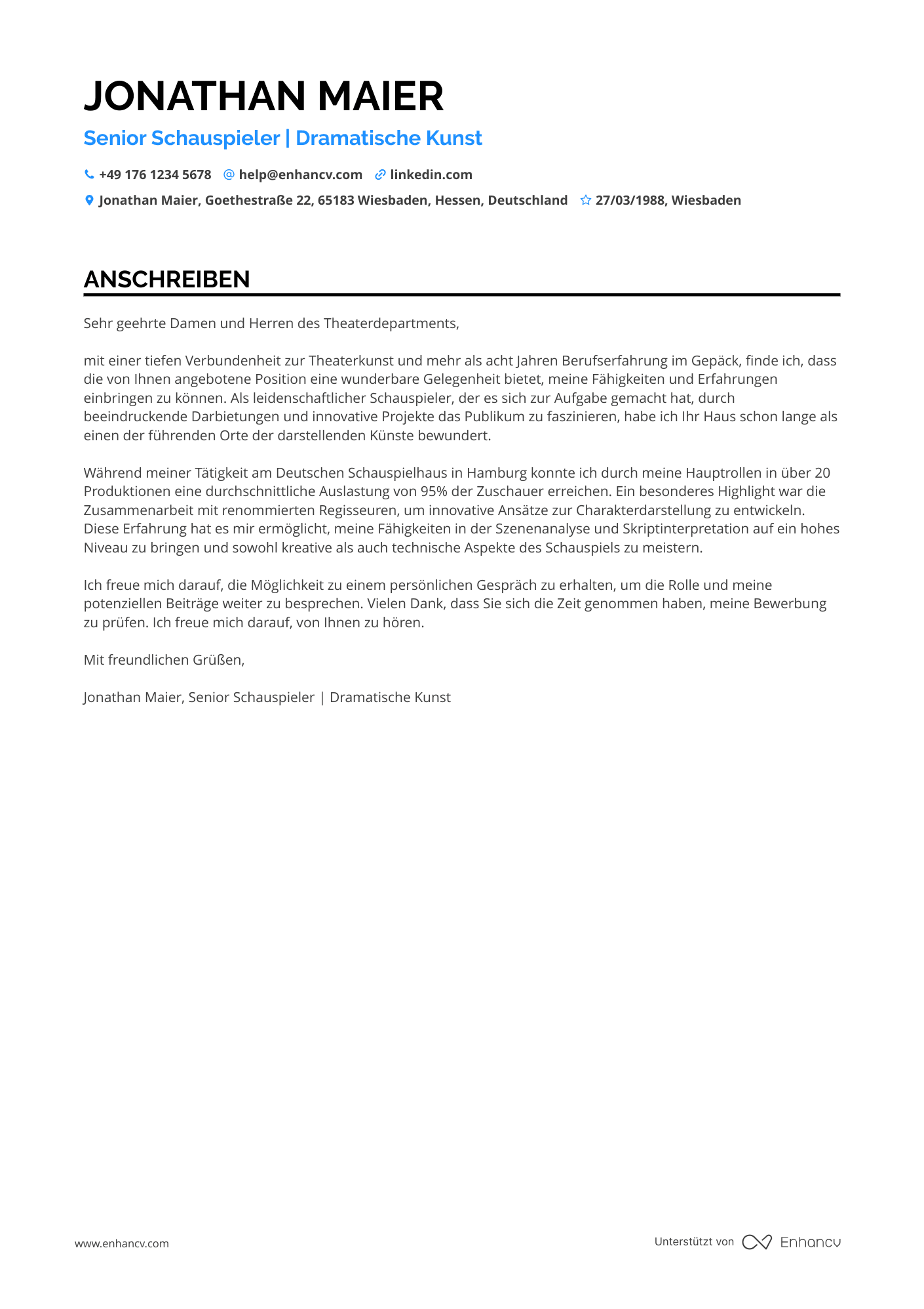 Senior Schauspieler Resume Example