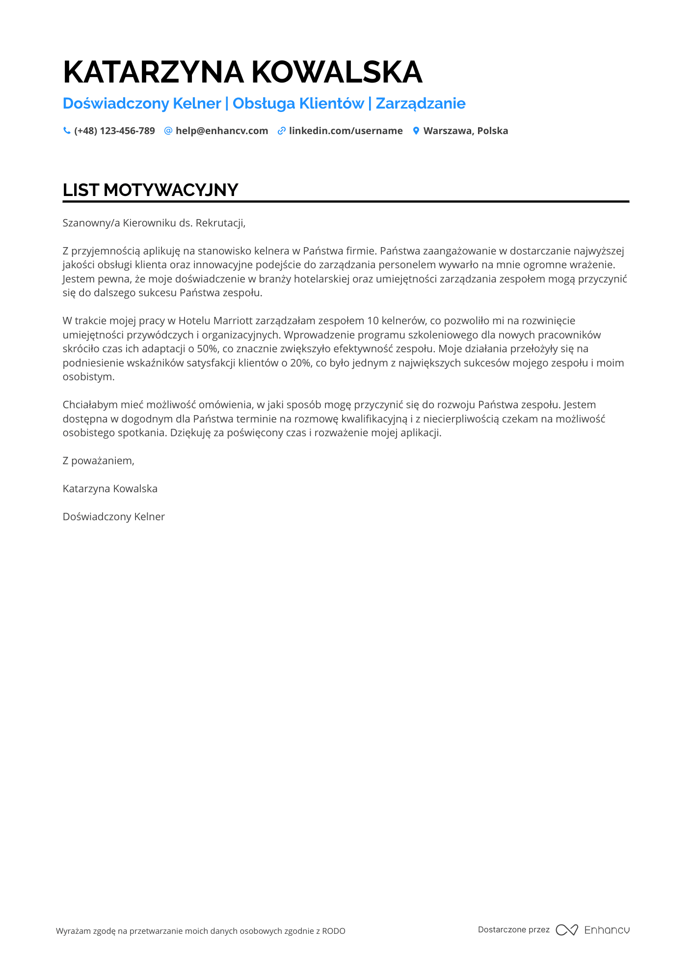 List motywacyjny dla Kelner w Pokoju Resume Example