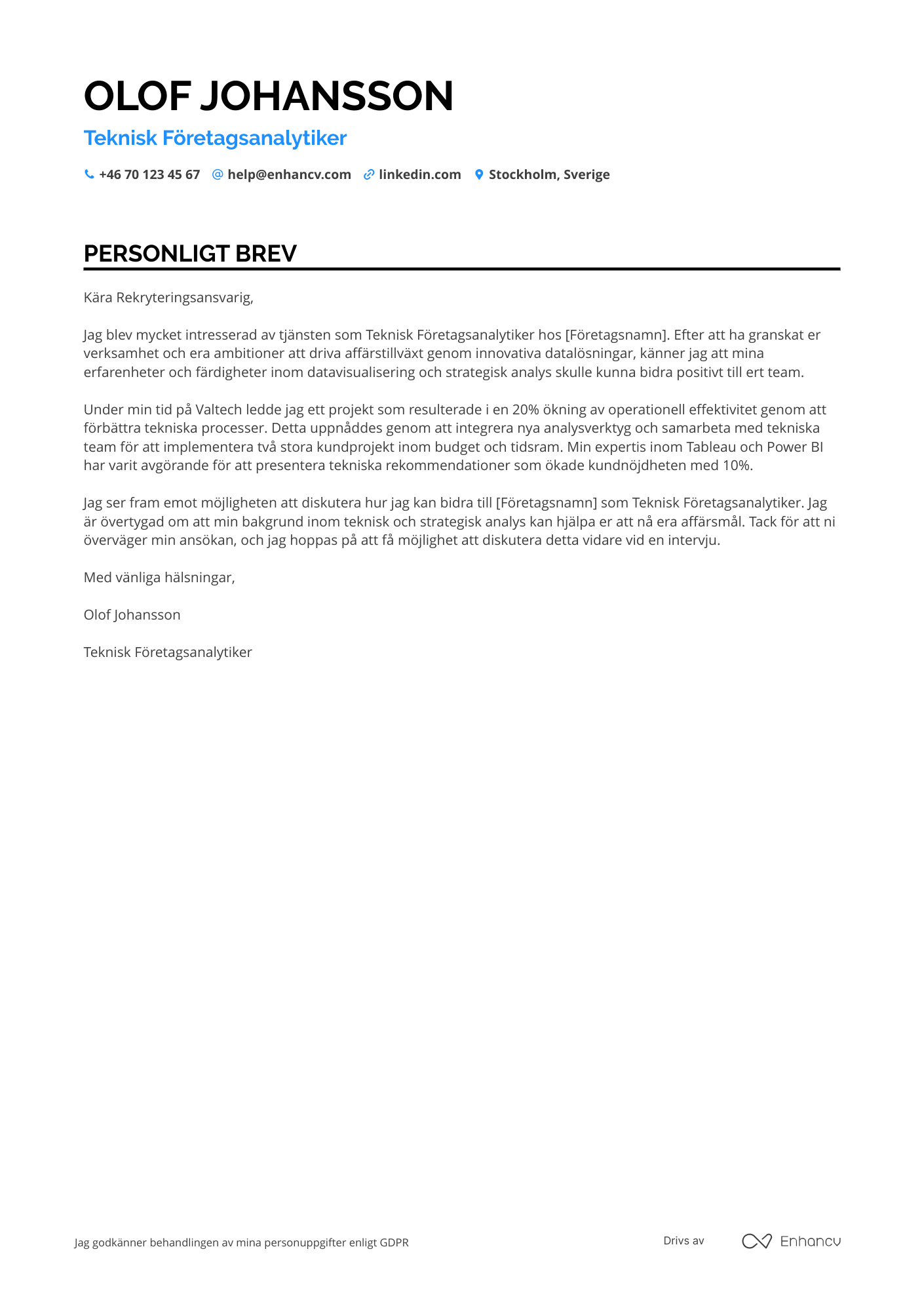 Personligt brev för Teknisk Företagsanalytiker Resume Example