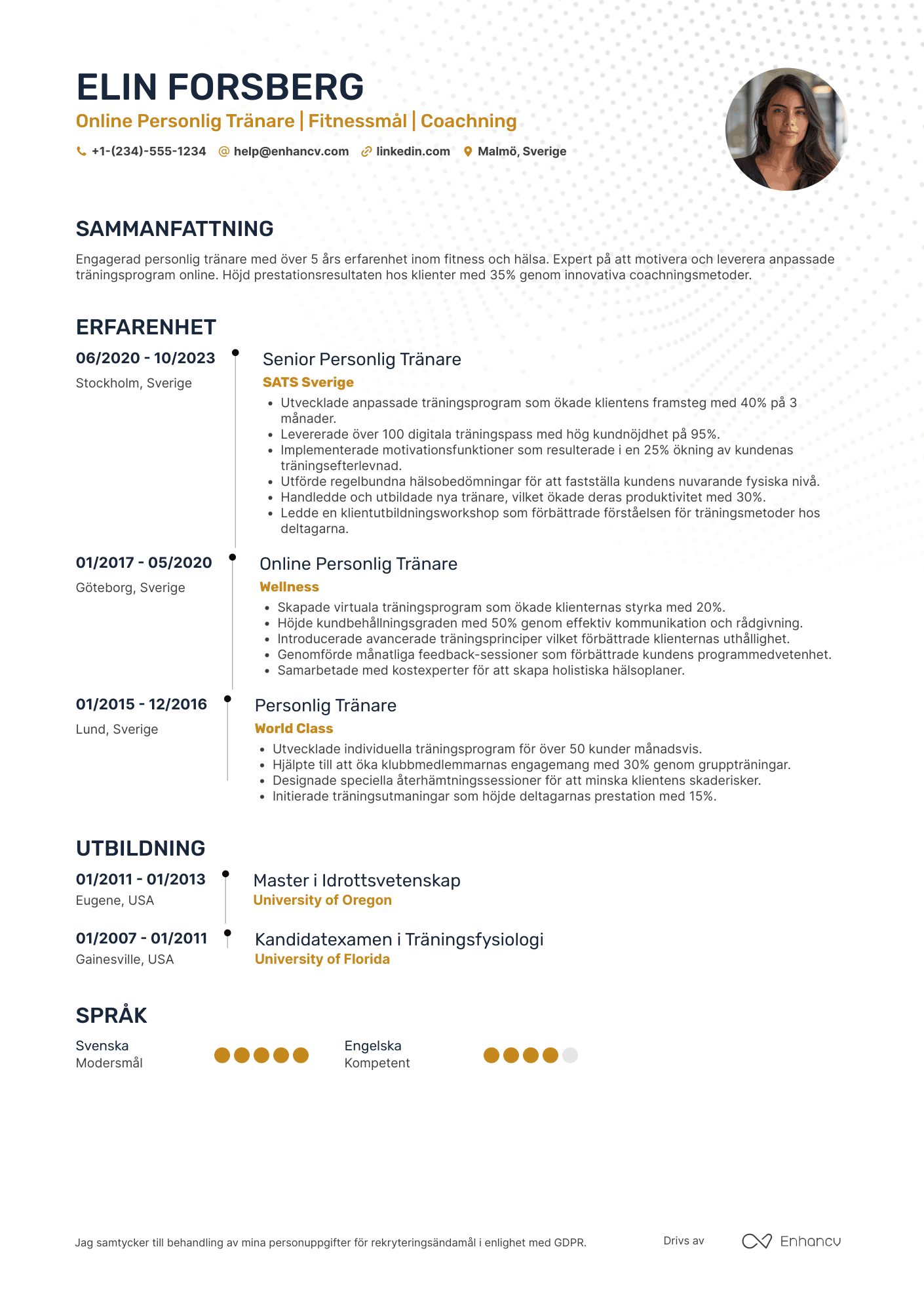 CV för Online Personlig Tränare Resume Example