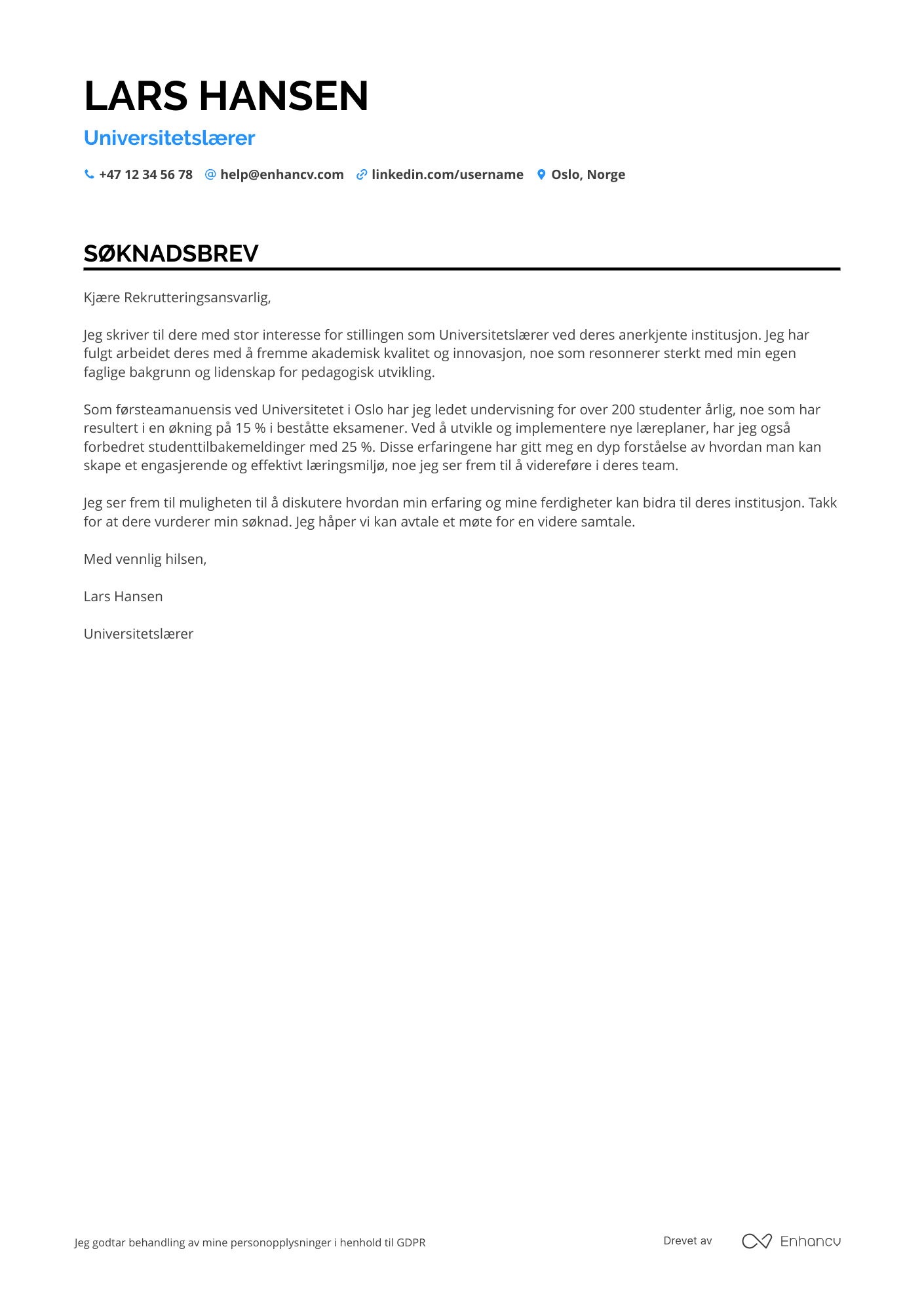 Søknadsbrev for Universitetslærer Resume Example