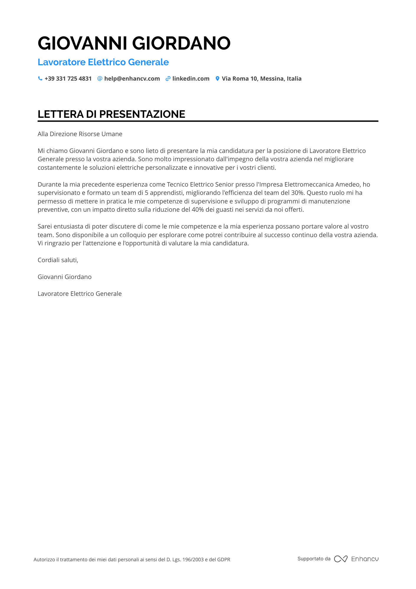 Operaio Edile per Impianti Elettrici Resume Example