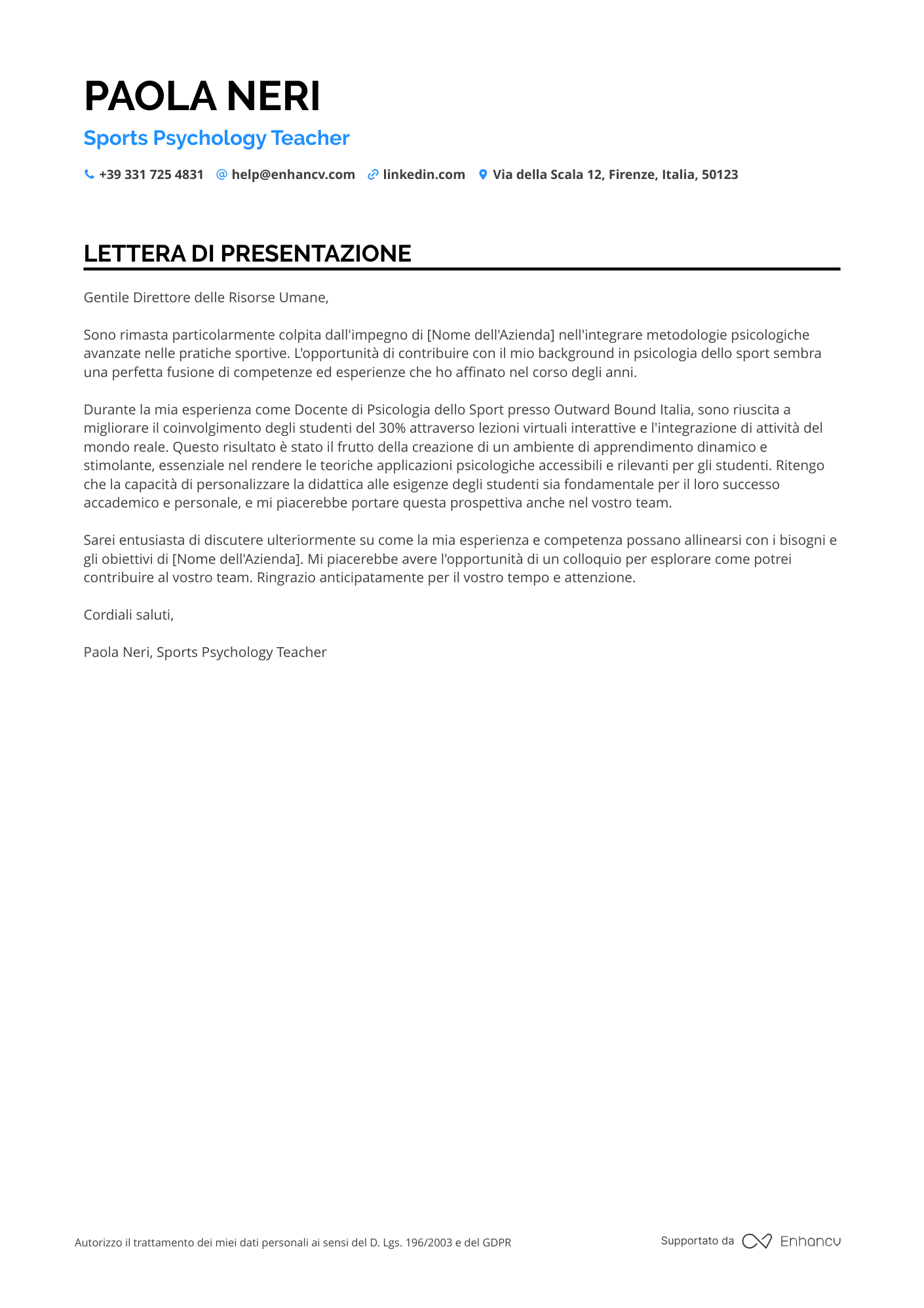 Psicologo dello Sport Resume Example