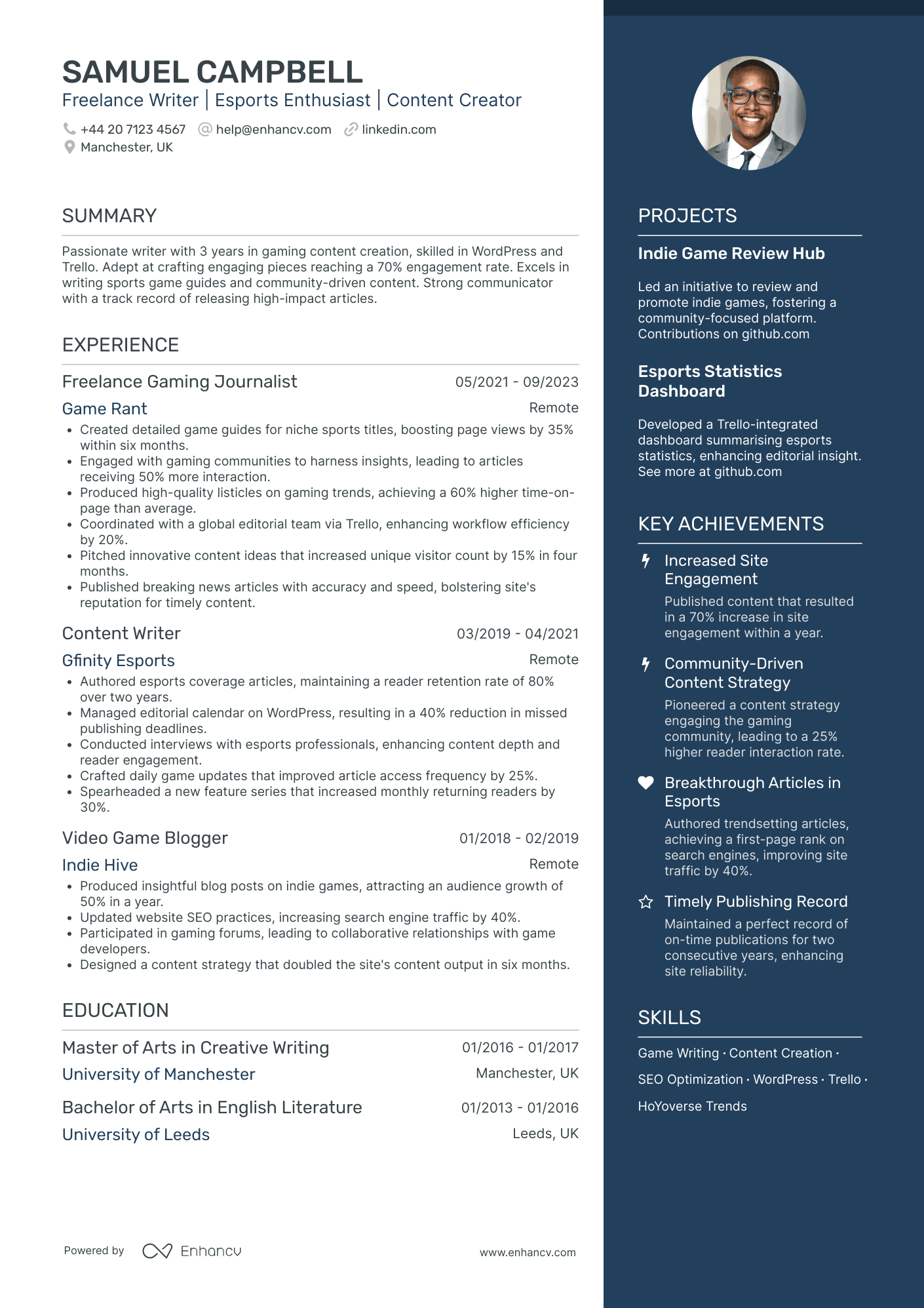 Freelance Game Developer Resume Example