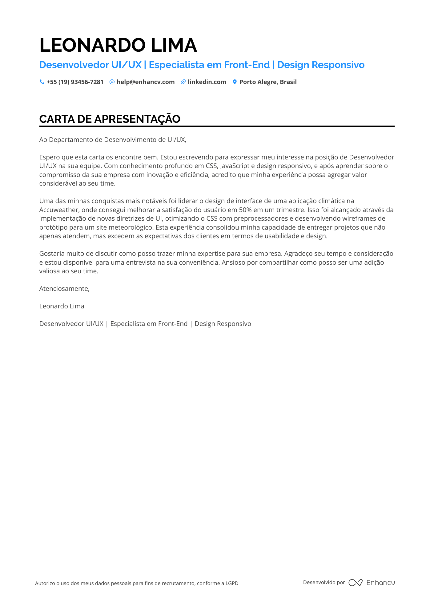 Desenvolvedor de UI/UX Resume Example