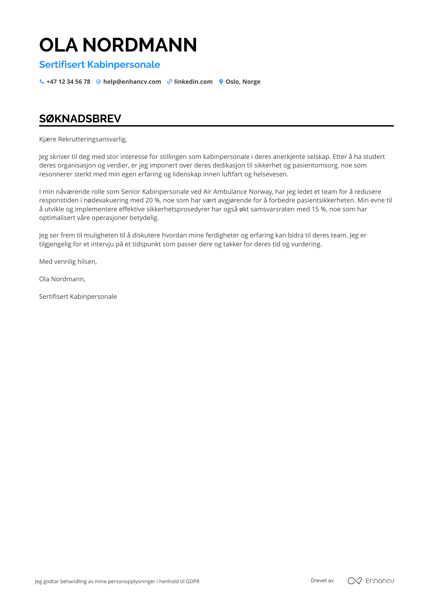 Søknadsbrev for Luftambulansetjeneste Kabinpersonale Resume Example