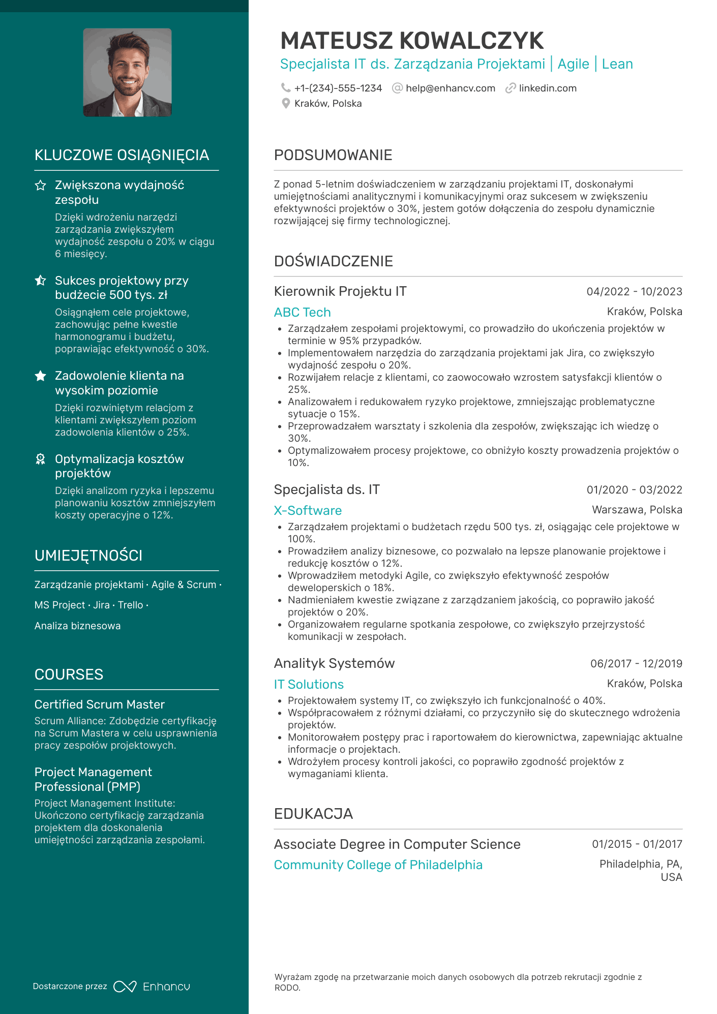 CV dla Specjalista IT ds. Zarządzania Projektem Resume Example