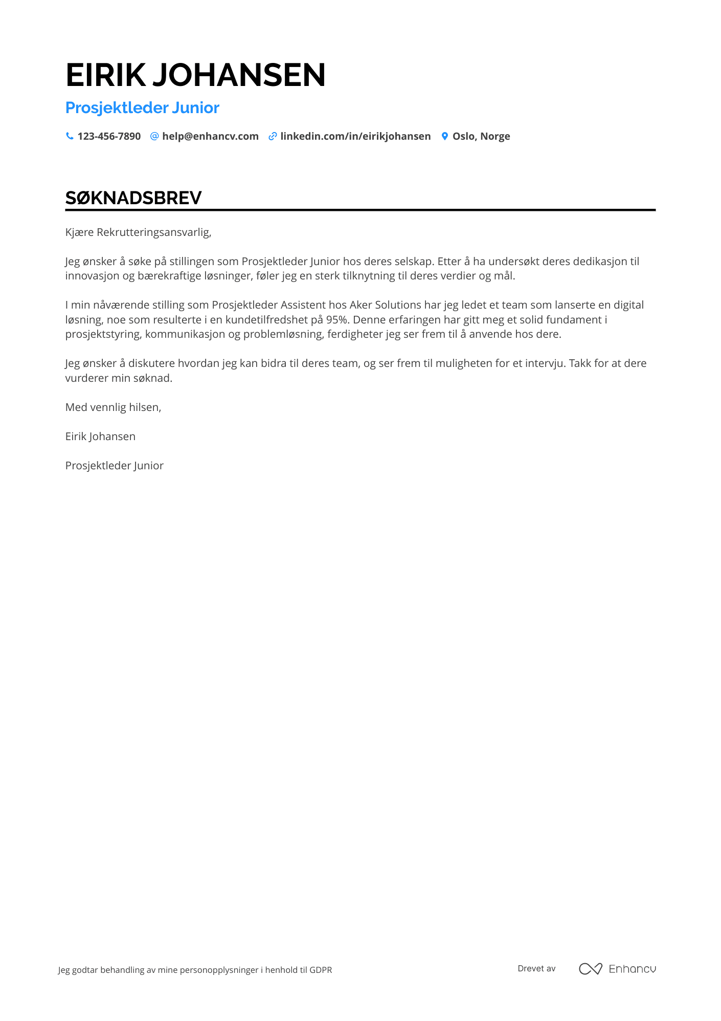 Søknadsbrev for Prosjektleder junior Resume Example