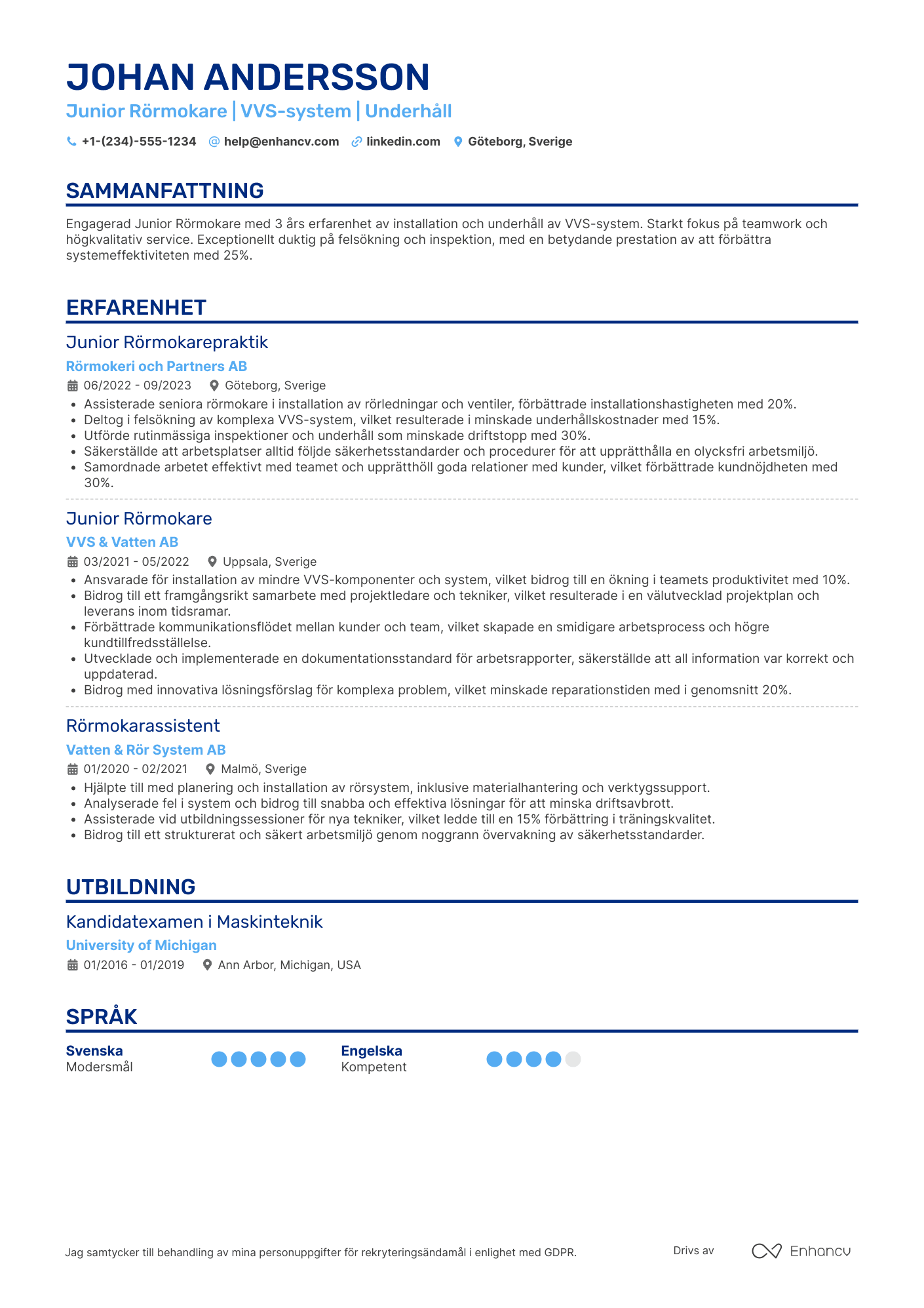 CV för Junior Rörmokare Resume Example