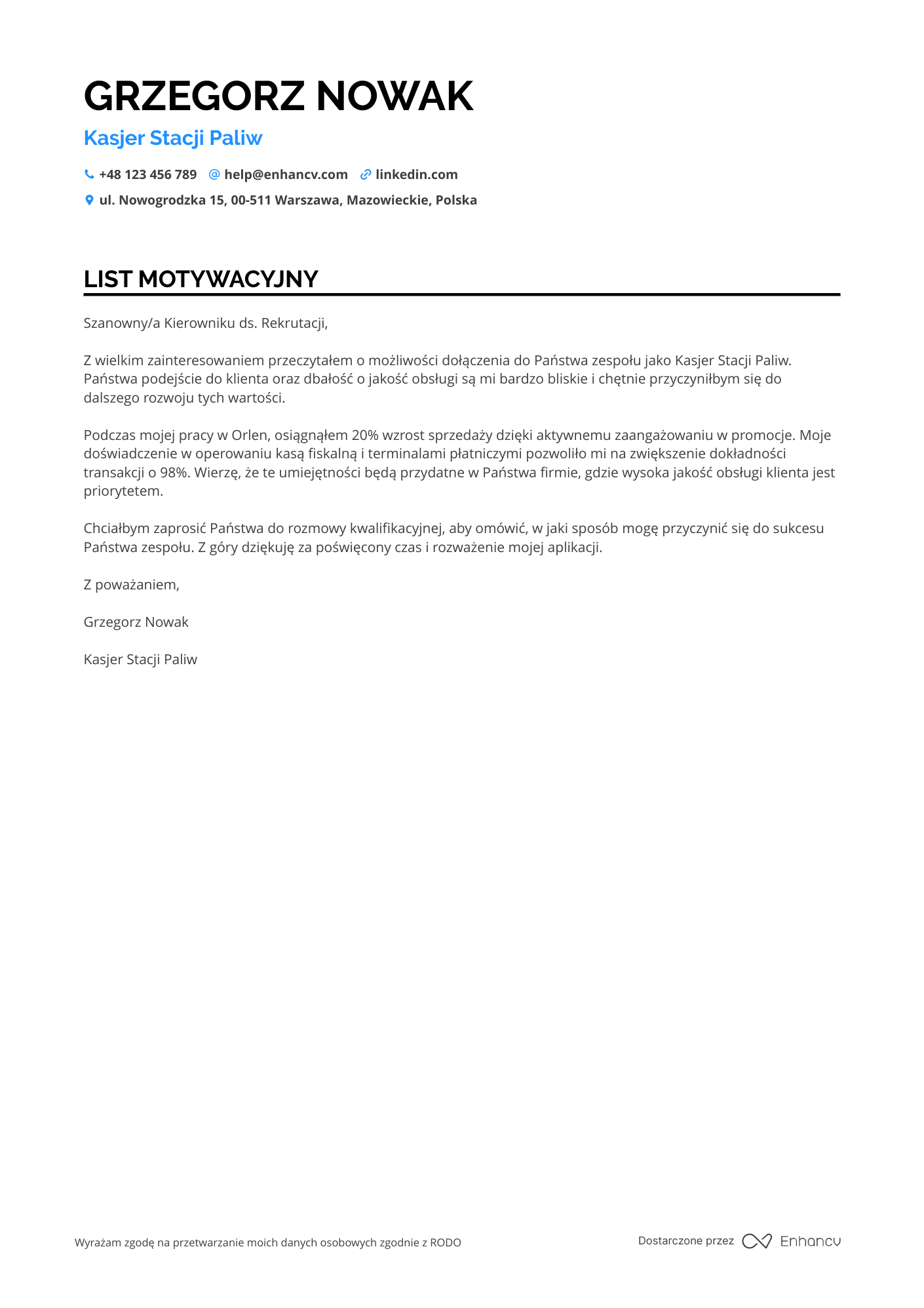 List motywacyjny dla Kasjer Stacji Paliw Resume Example