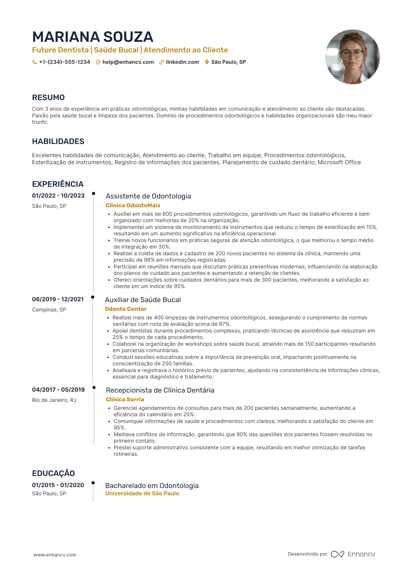 Currículo para estagiário em odontologia Resume Example