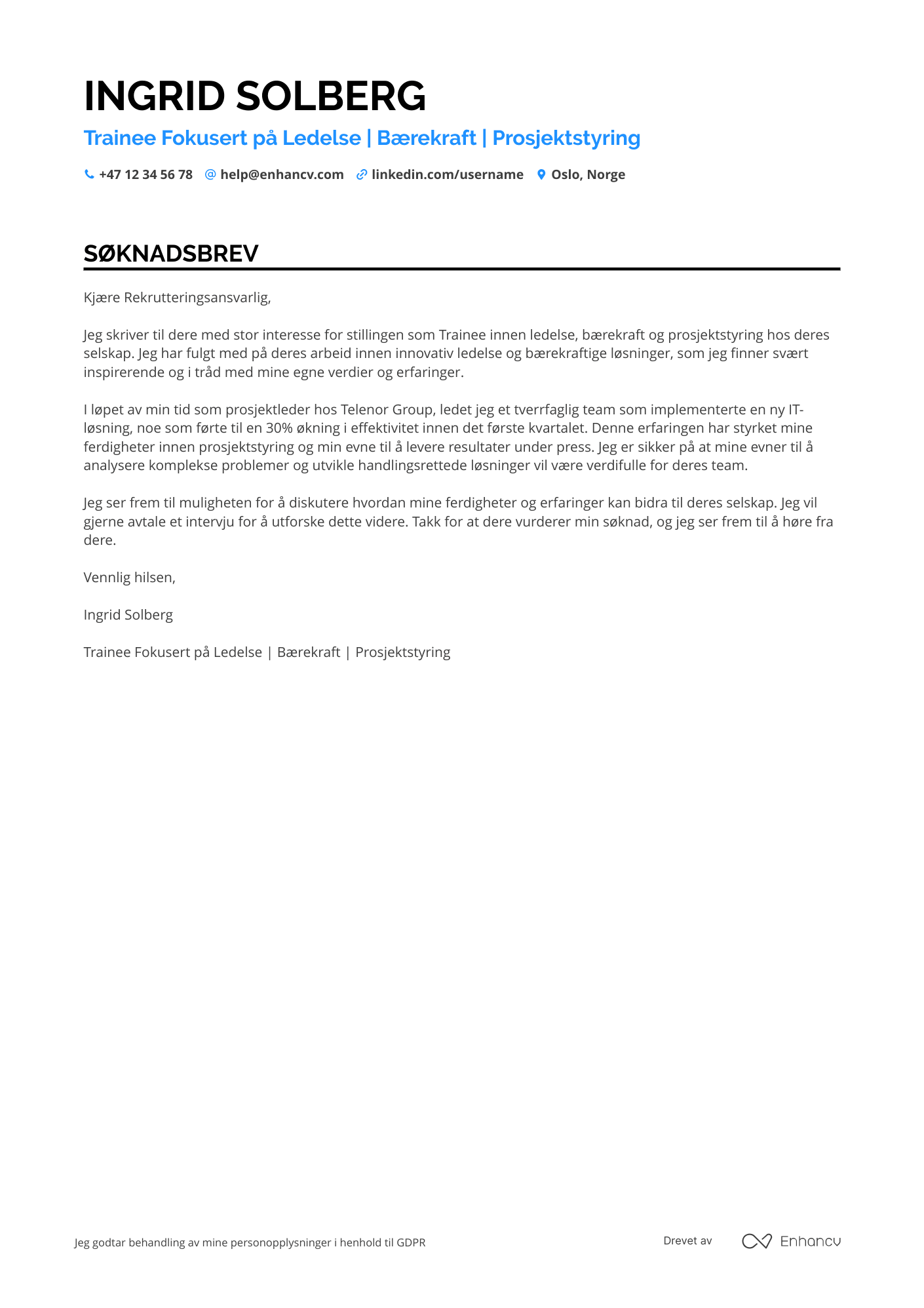 Søknadsbrev for Nyutdannede Trainee i ledelsesprogram Resume Example