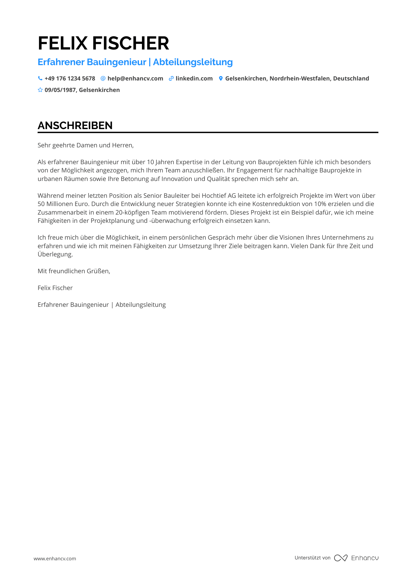 Bauingenieur Abteilungsleiter Resume Example