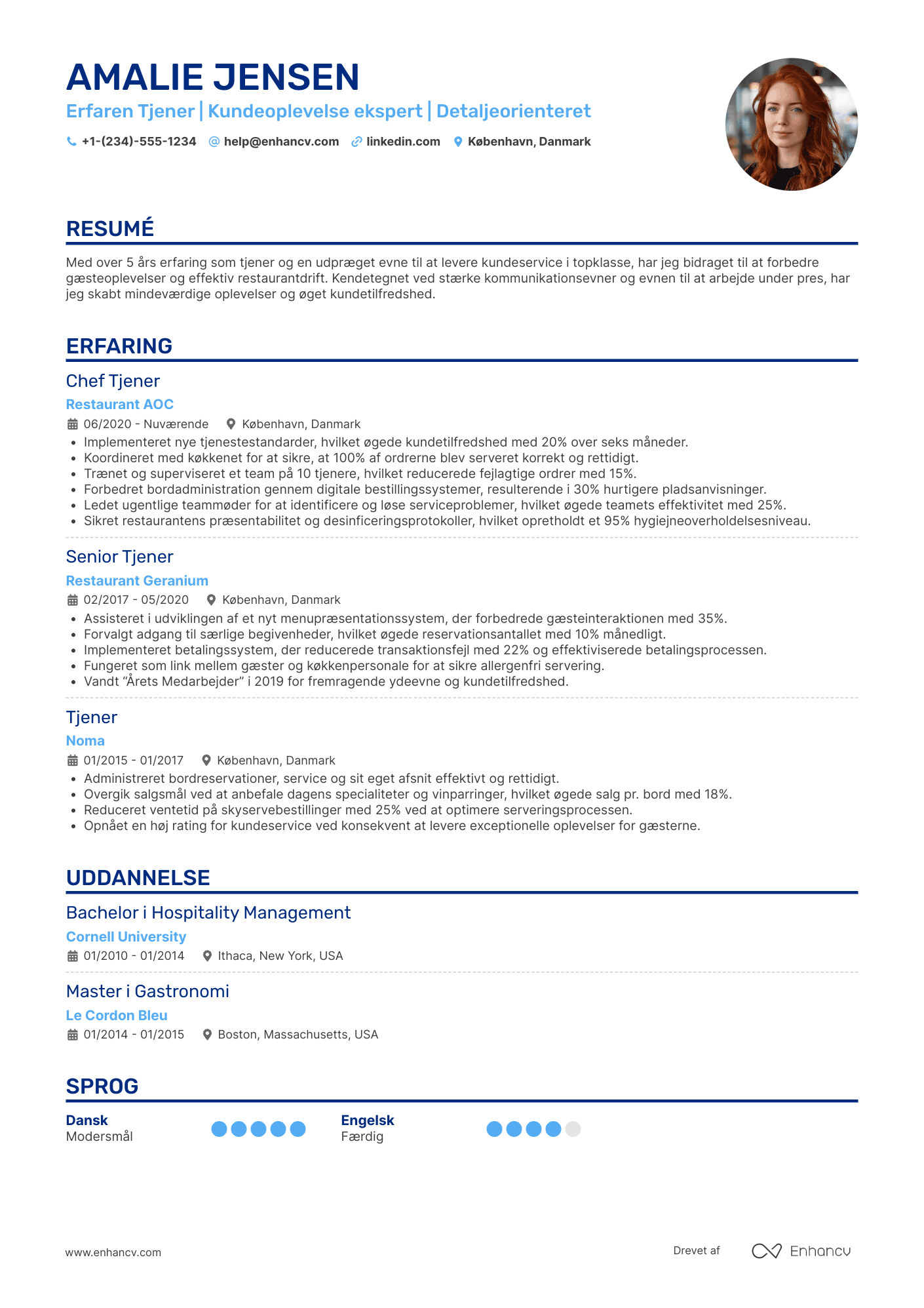 CV til Erfaren Tjener Resume Example