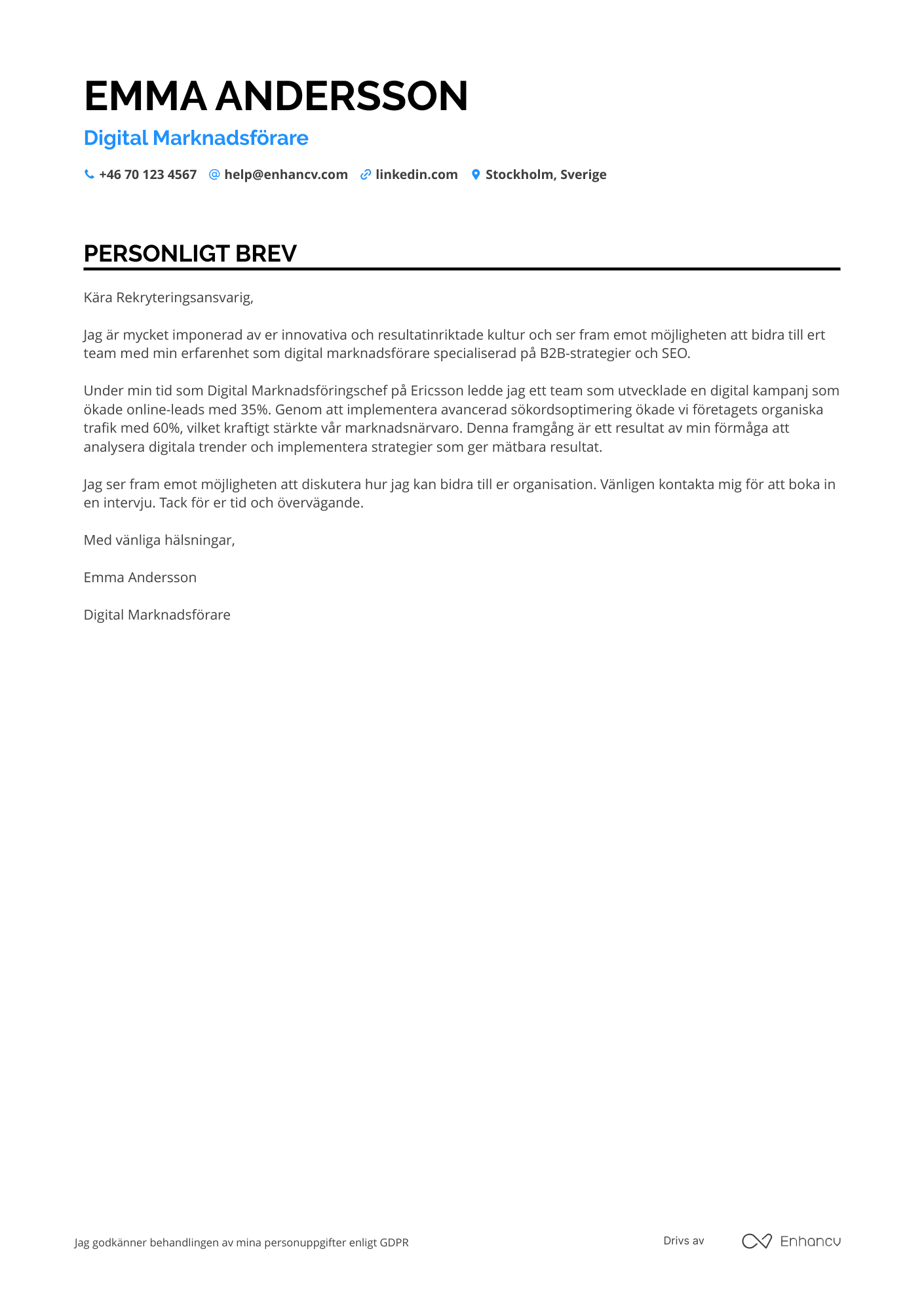 Personligt brev för Digital Marknadsförare inom B2B Resume Example