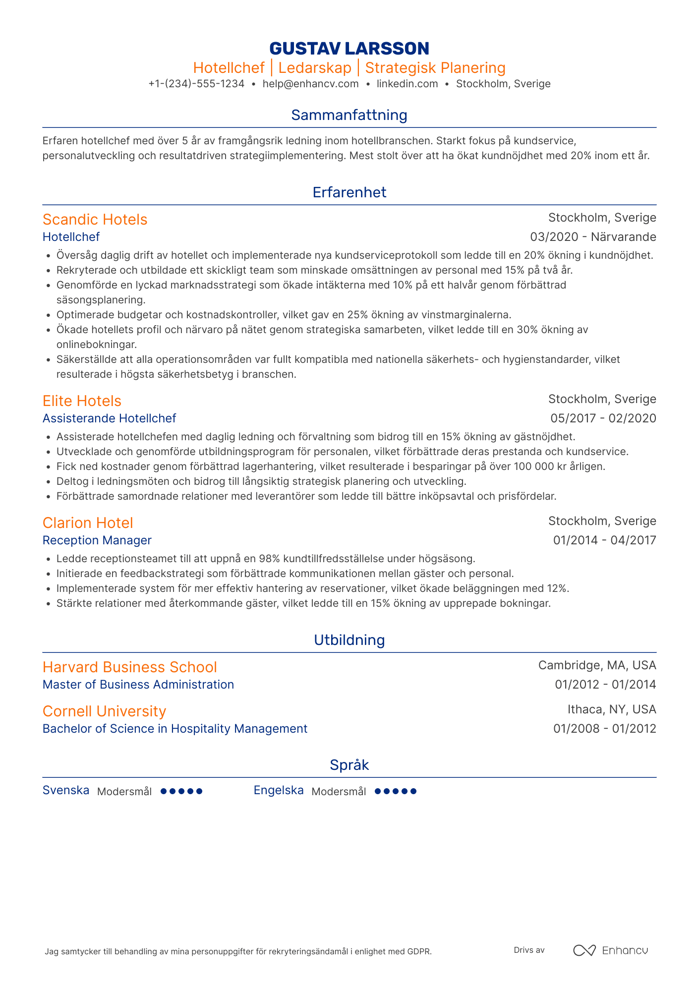 CV för Hotellchef medelgrad Resume Example