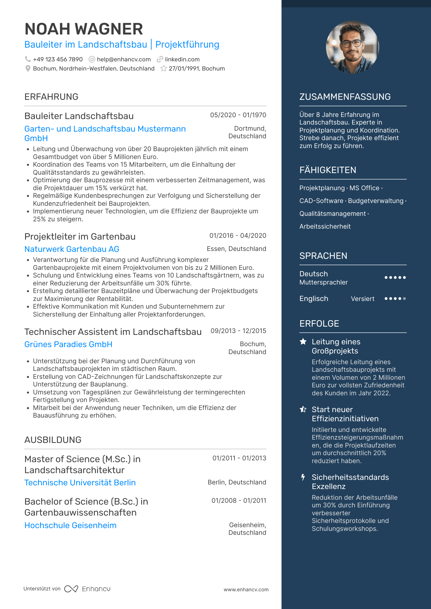 Lebenslauf als Bauleiter für Landschaftsbau Resume Example