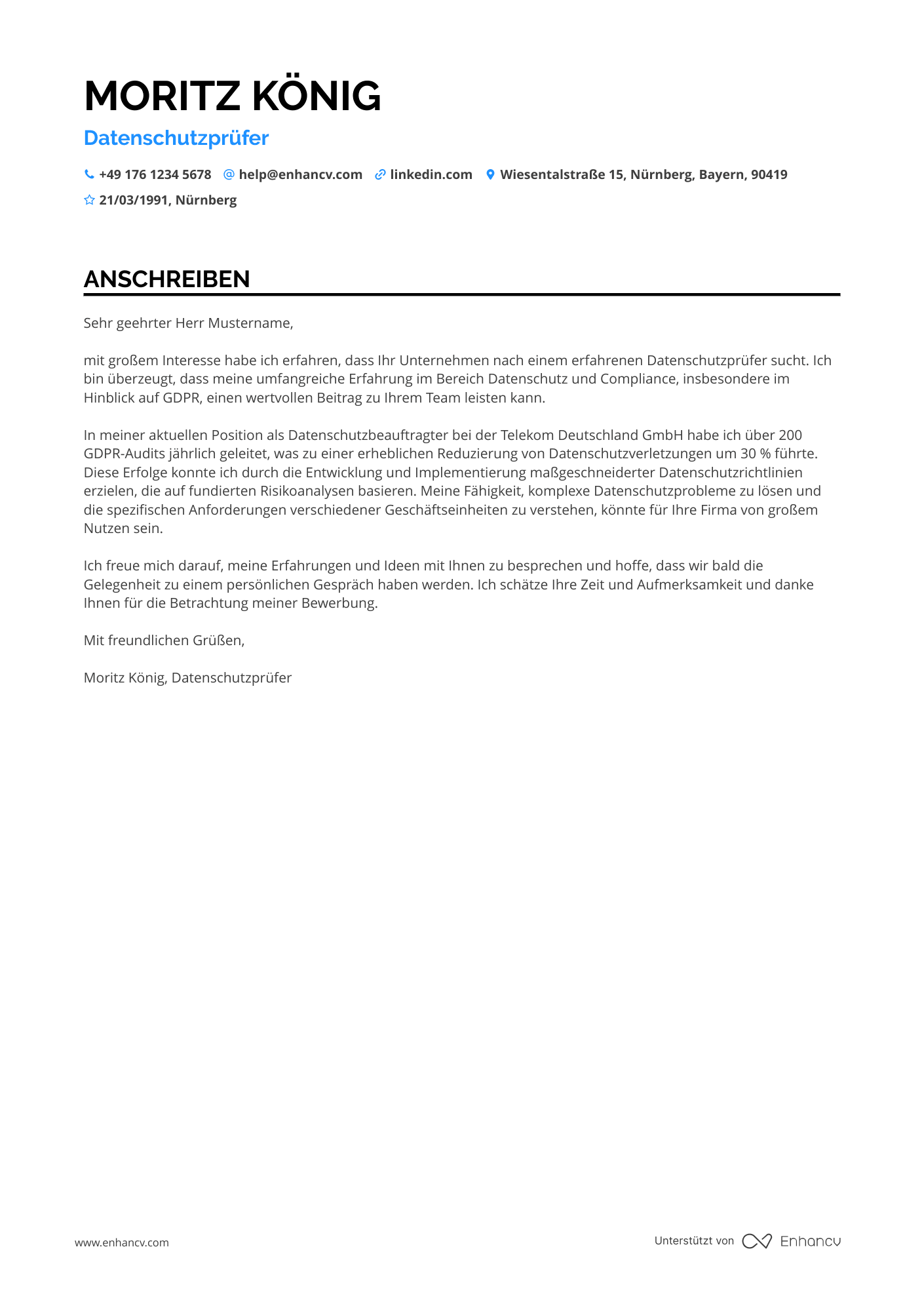Prüfer für Datenschutz Resume Example