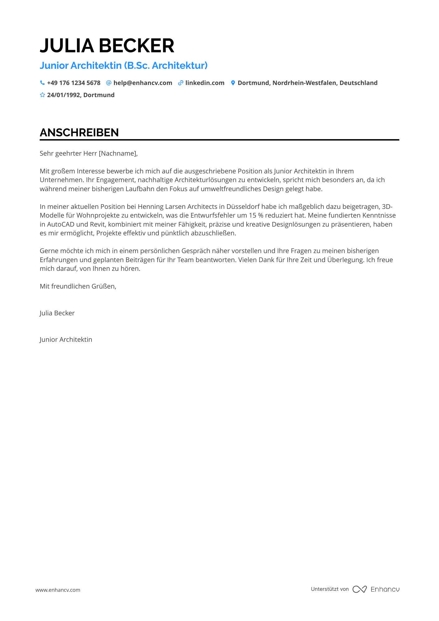 Junior Architekt Resume Example