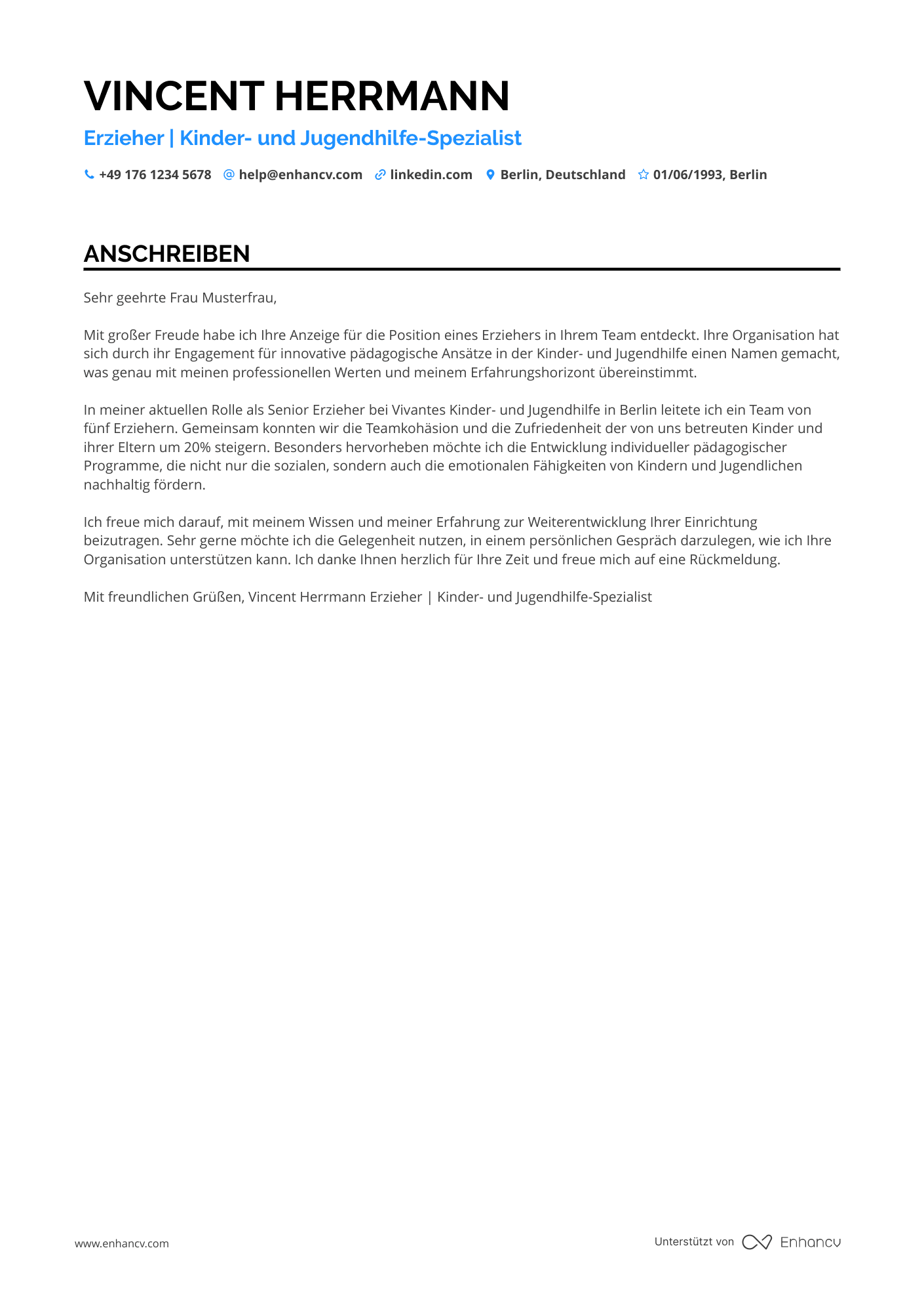 Erzieherin in der Kinder  und Jugendpsychiatrie Resume Example