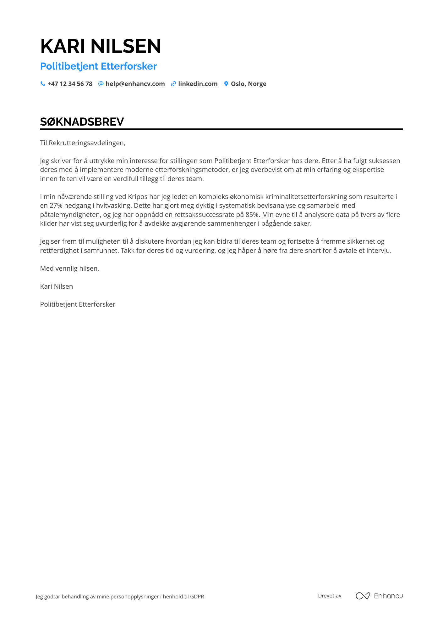 Søknadsbrev for Politibetjent etterforsker Resume Example