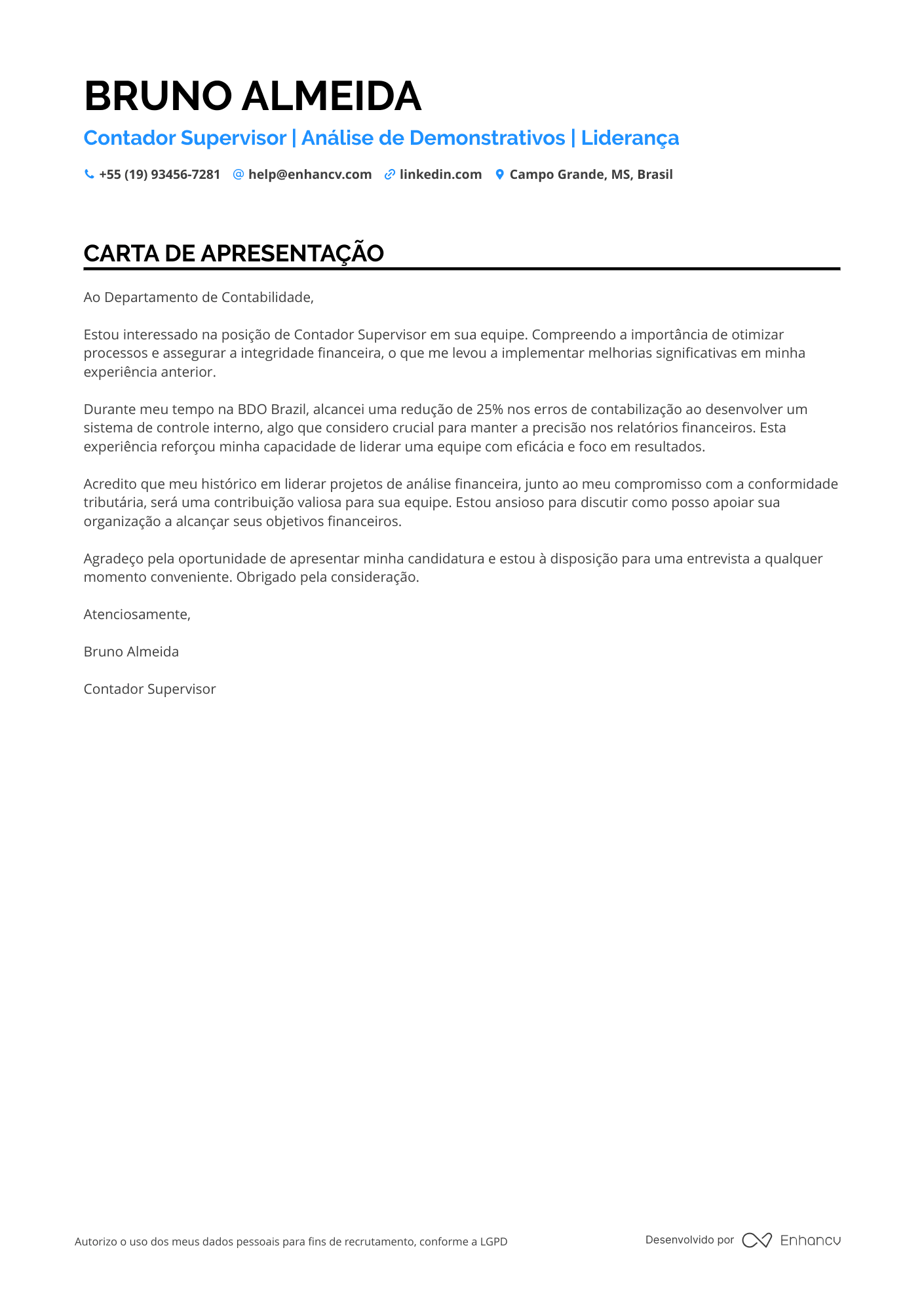 Supervisor de Contabilidade Resume Example