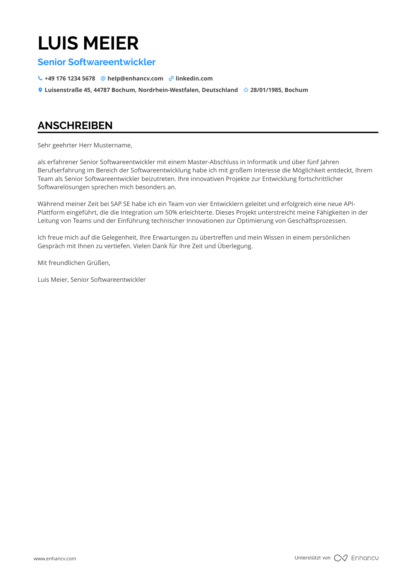 Senior Softwareentwickler Resume Example