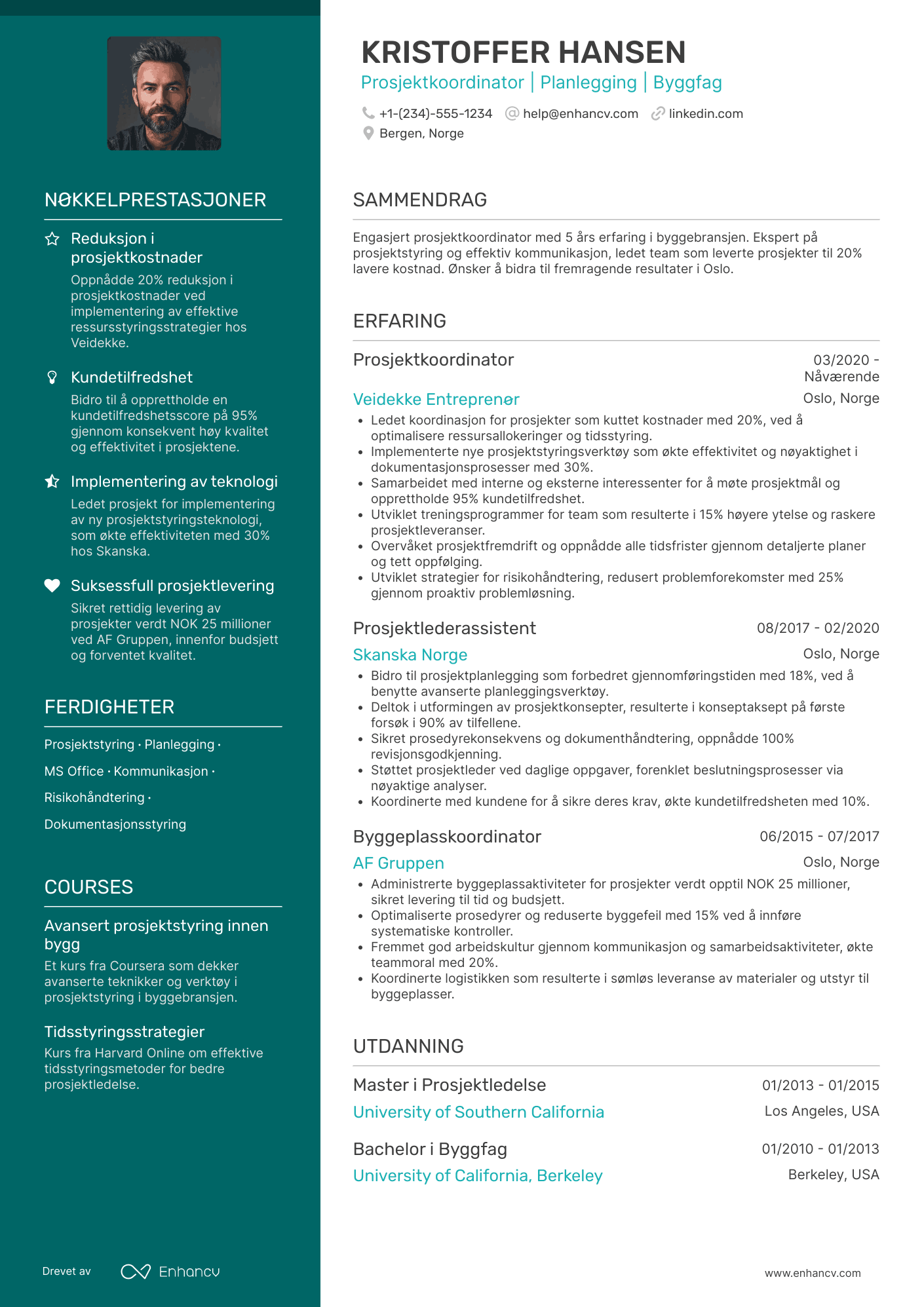 CV for Prosjektkoordinator i byggebransjen Resume Example