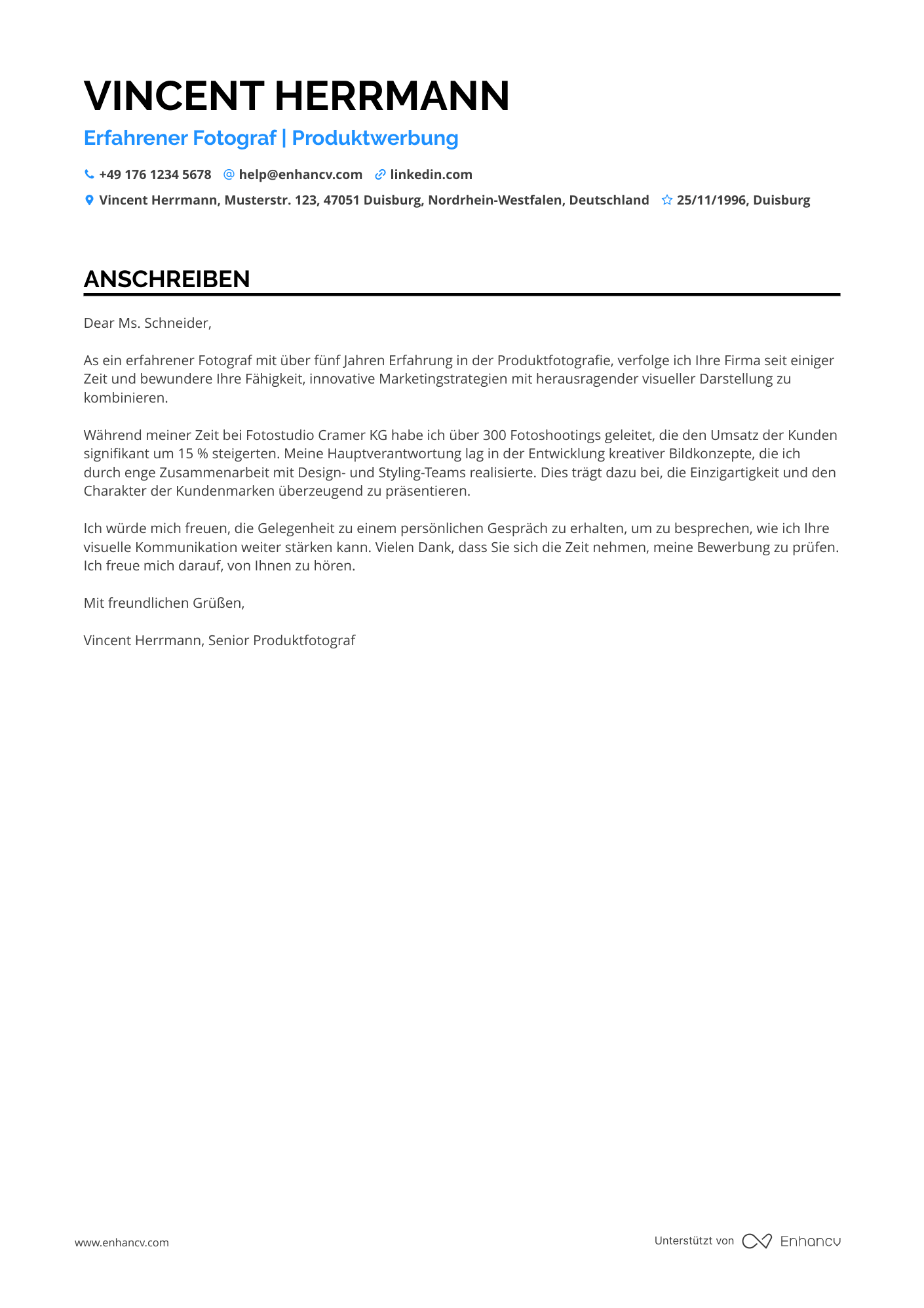 Erfahrener Fotograf für Produktwerbung Resume Example