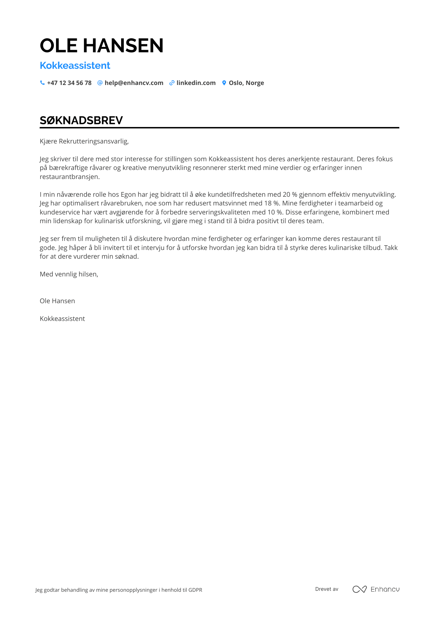 Søknadsbrev for Restaurantmedarbeider Kokkeassistent Resume Example