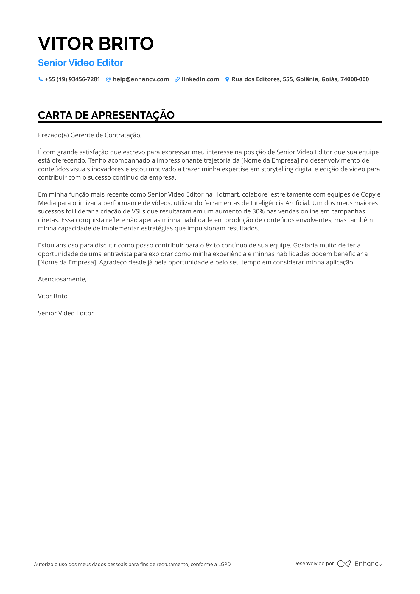 Editor de vídeo Sênior Resume Example