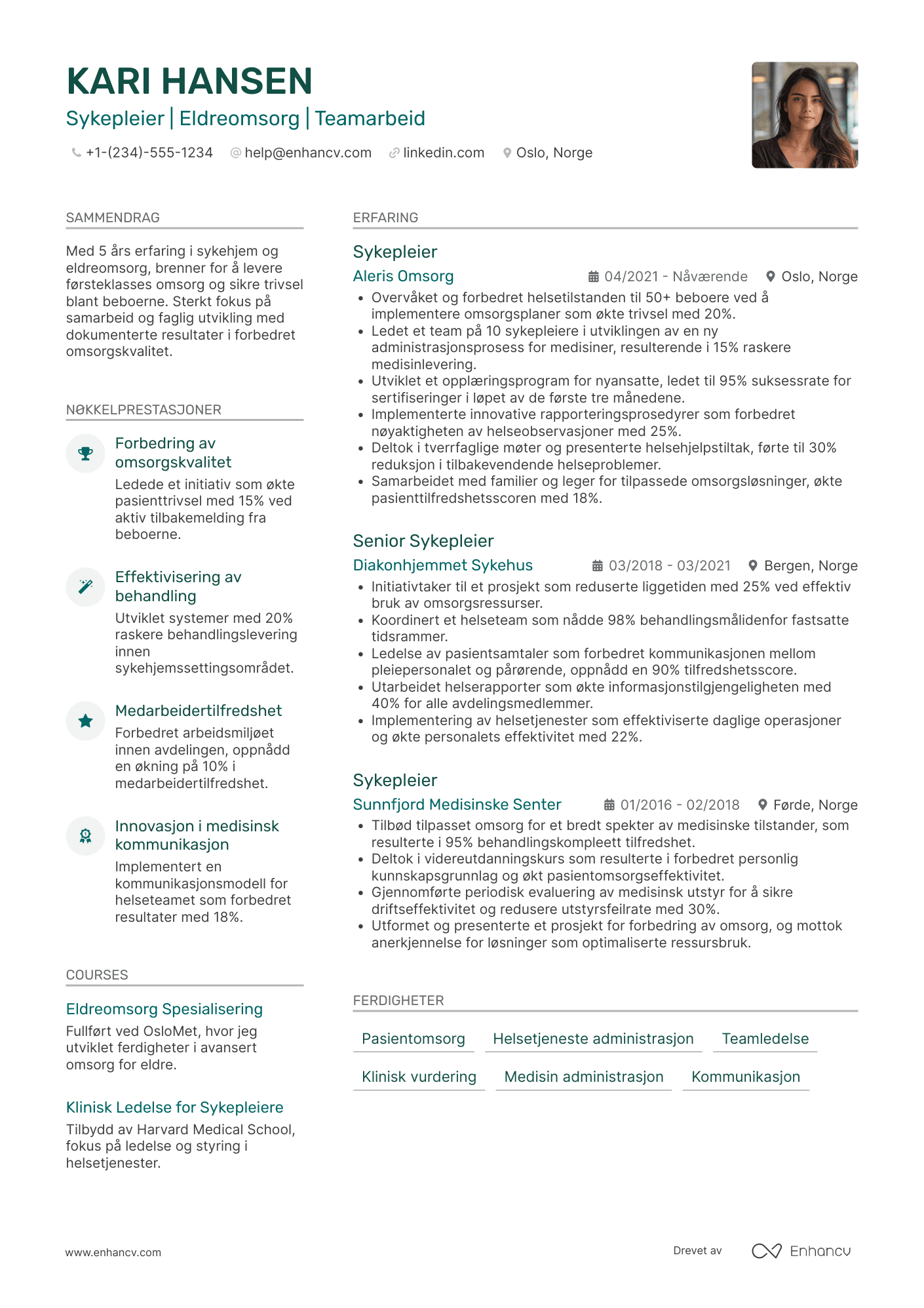 CV for Sykehjem Sykepleier Resume Example
