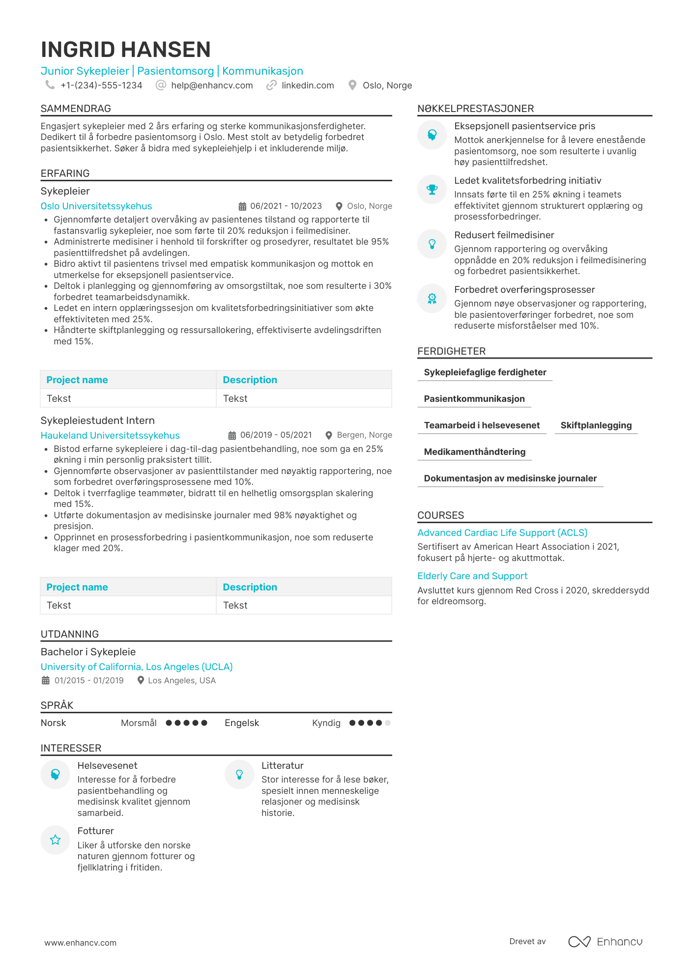 CV for Junior Sykepleier Resume Example