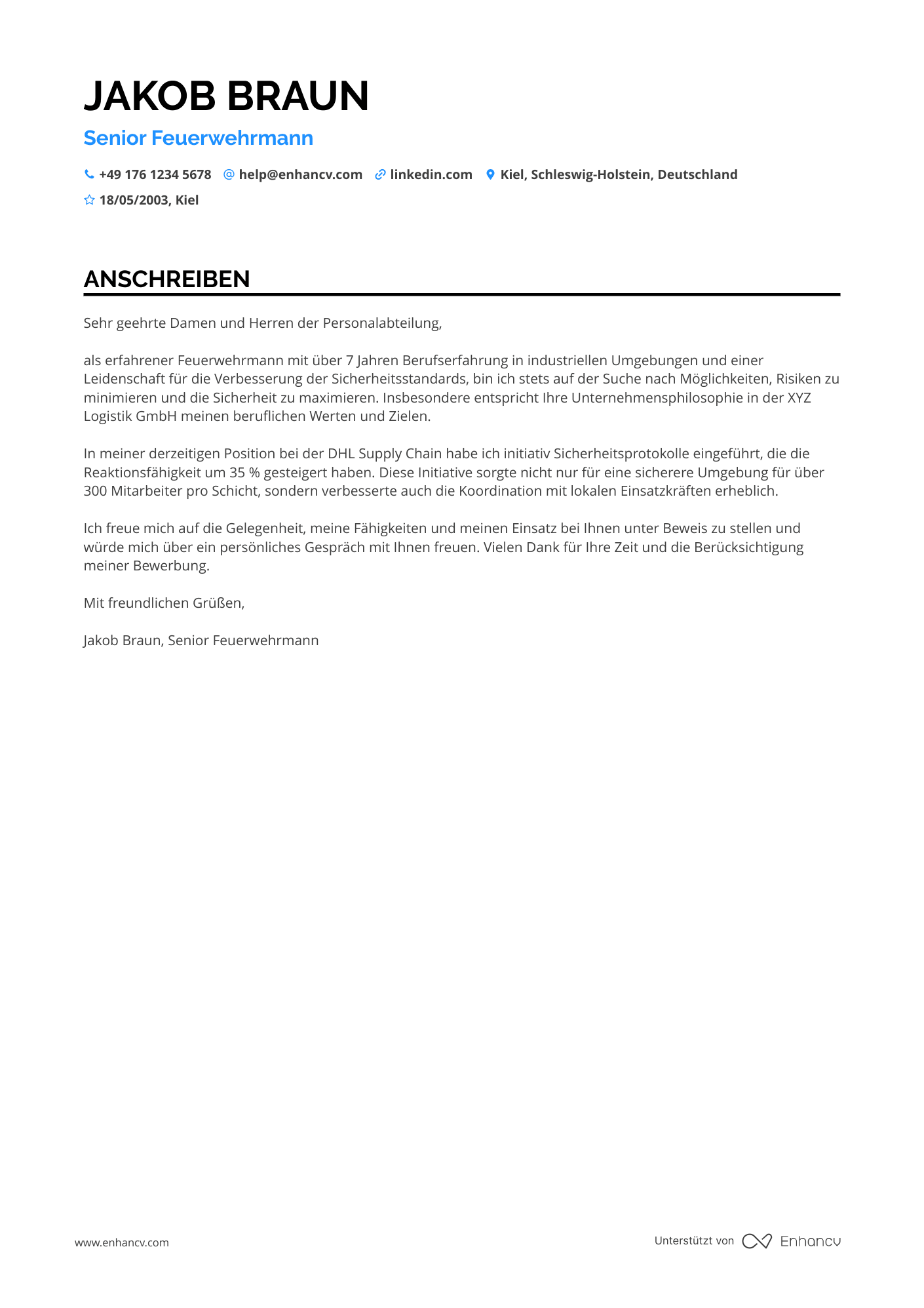 Feuerwehrmann für Logistikzentren Resume Example