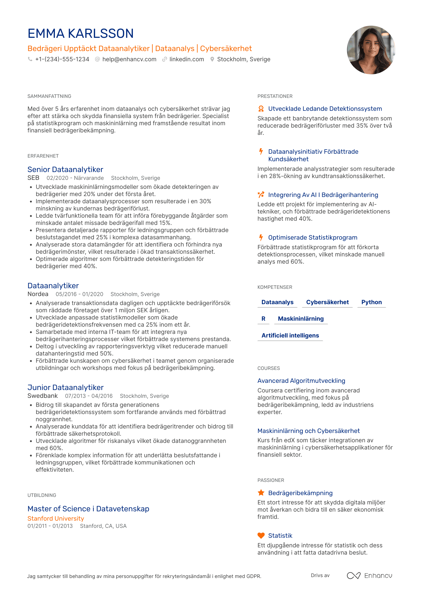 CV för Bedrägeri Upptäckt Dataanalytiker Resume Example