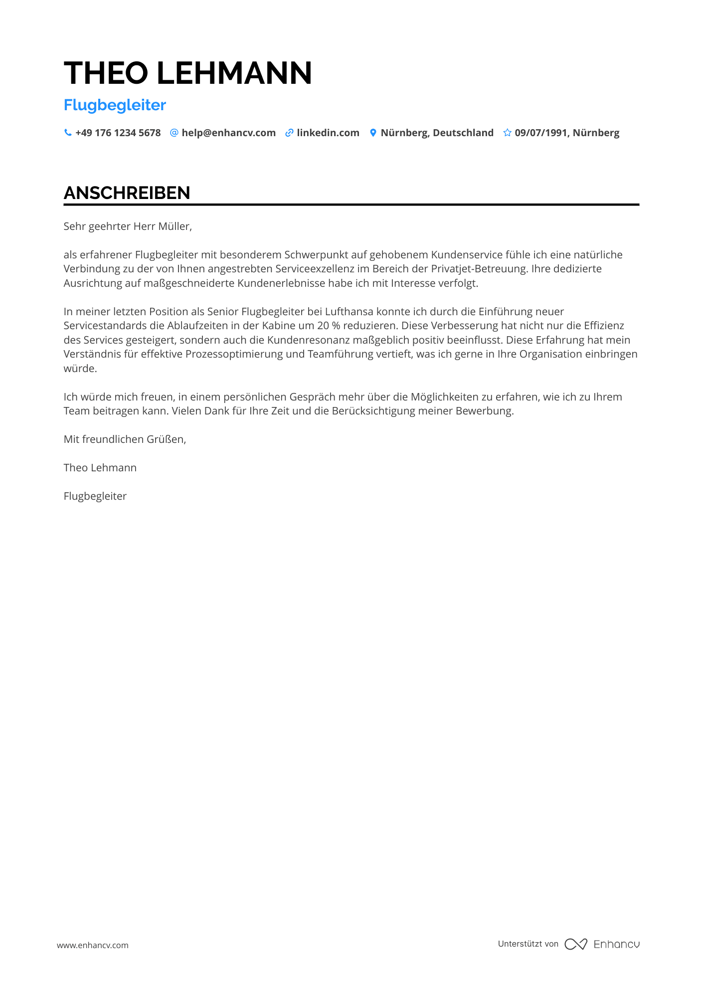Flugbegleiter in der Privatjet Branche Resume Example