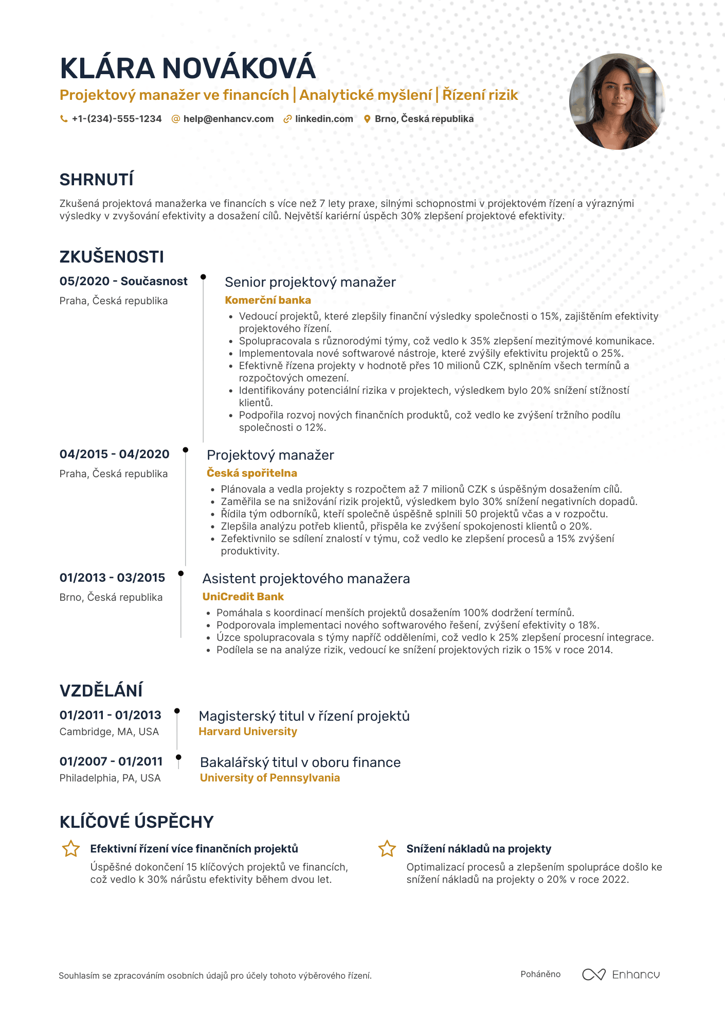 Životopis pro Vedoucí projektu v oblasti financí Resume Example