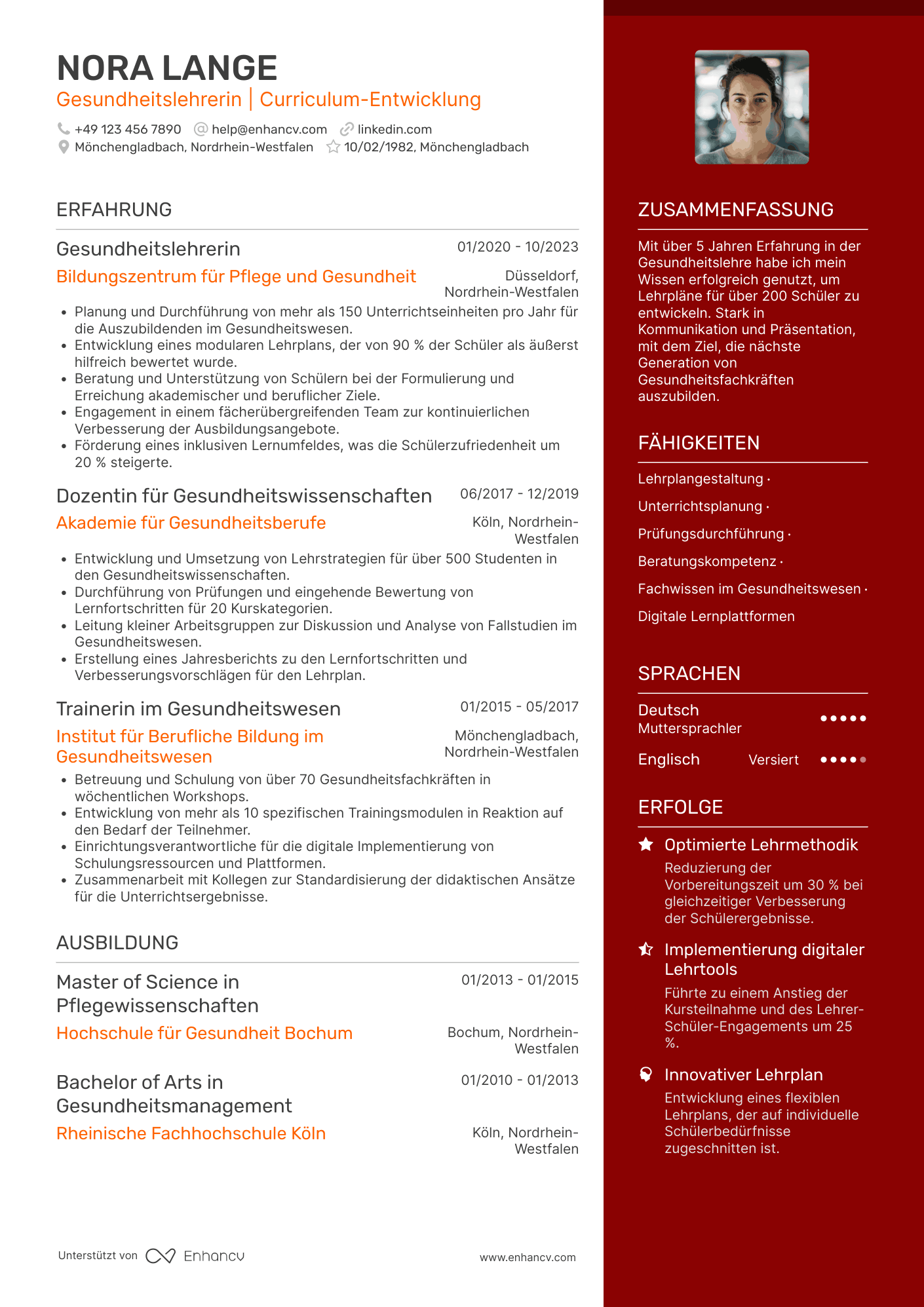 Lebenslauf in Lehrer im Gesundheitswesen Resume Example