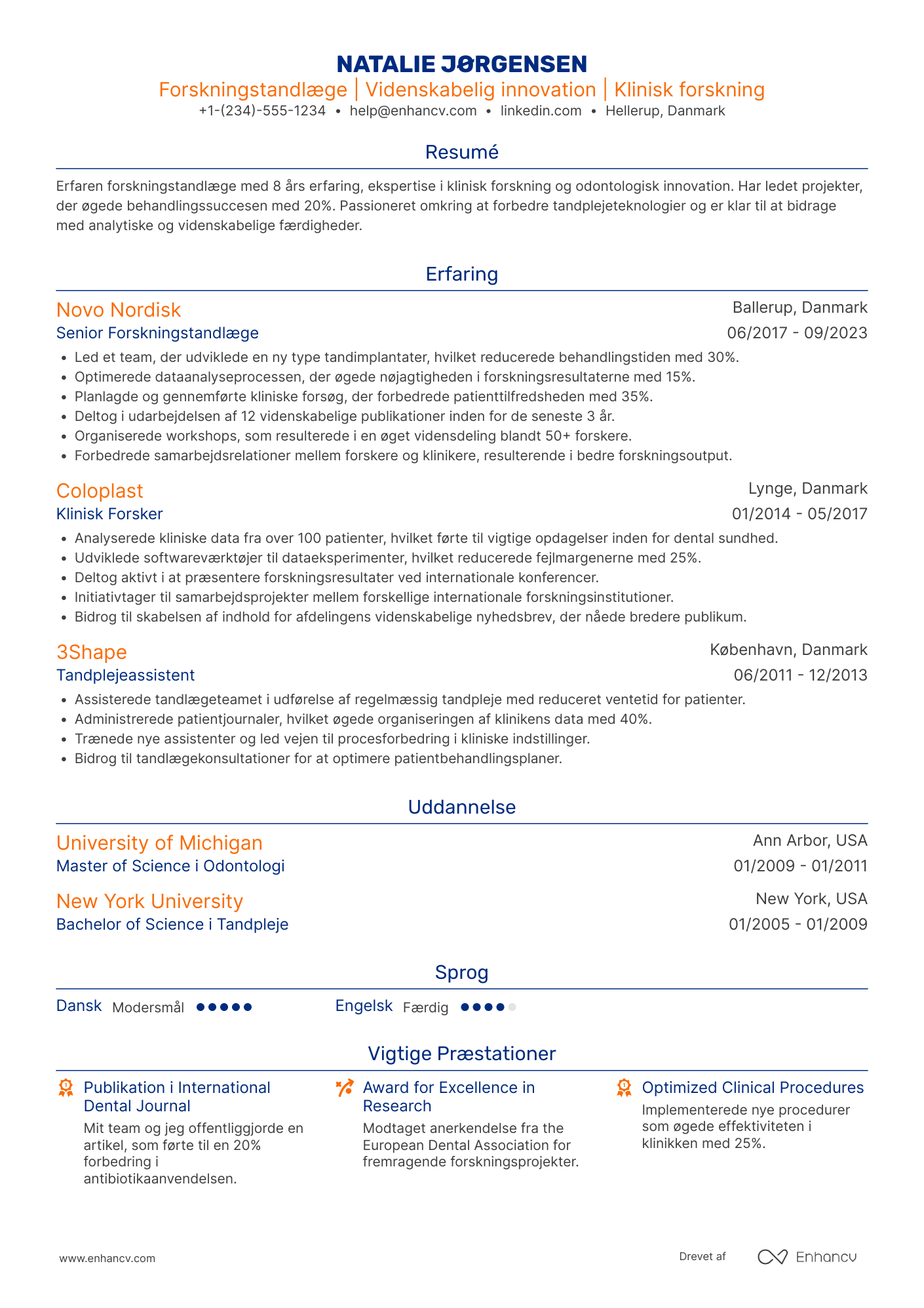 CV til Forsknings­tandlæge Resume Example