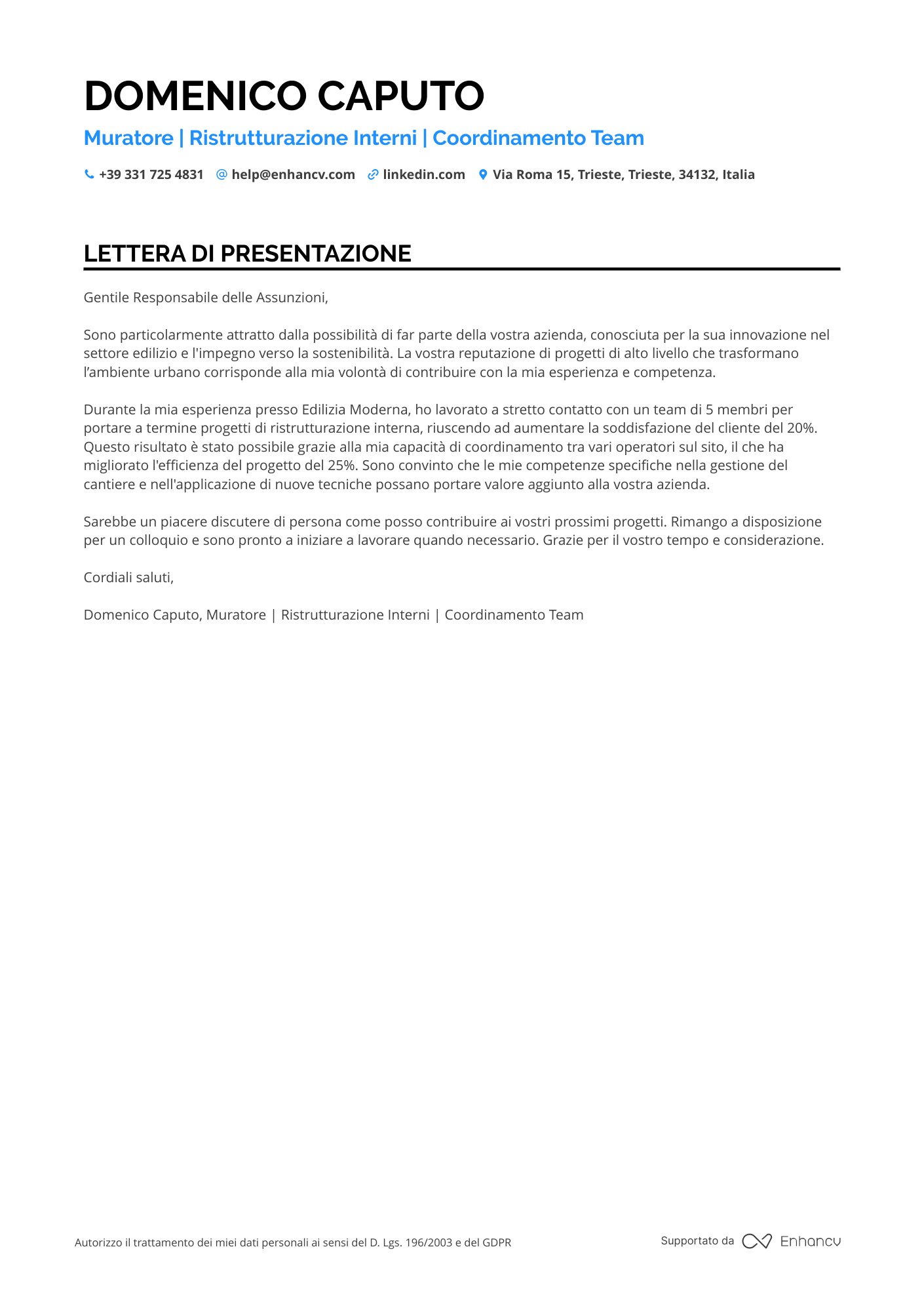 Muratore Prima Esperienza Resume Example