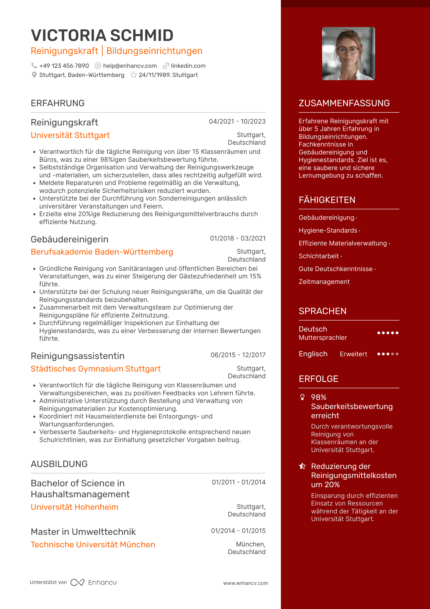 Lebenslauf in Reinigungskraft für Bildungseinrichtungen Resume Example