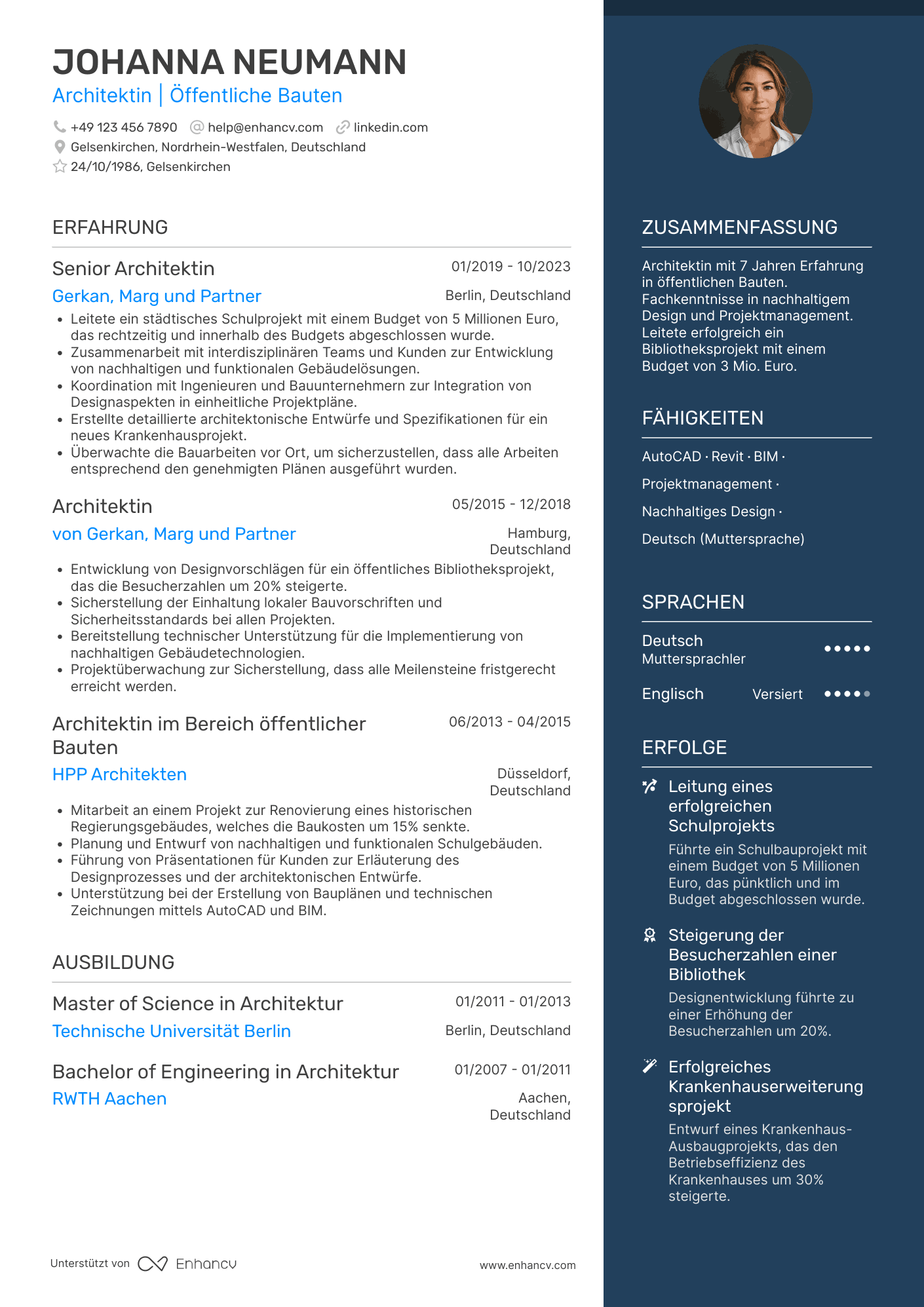 Lebenslauf in Architekt für Öffentliche Bauten Resume Example