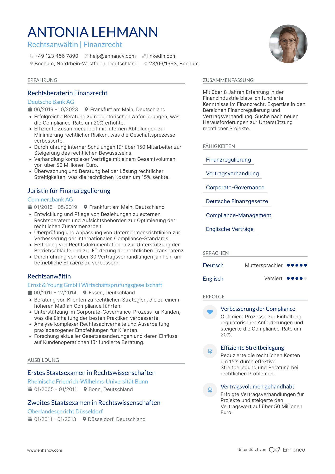 Lebenslauf in Jurist in der Finanzindustrie Resume Example