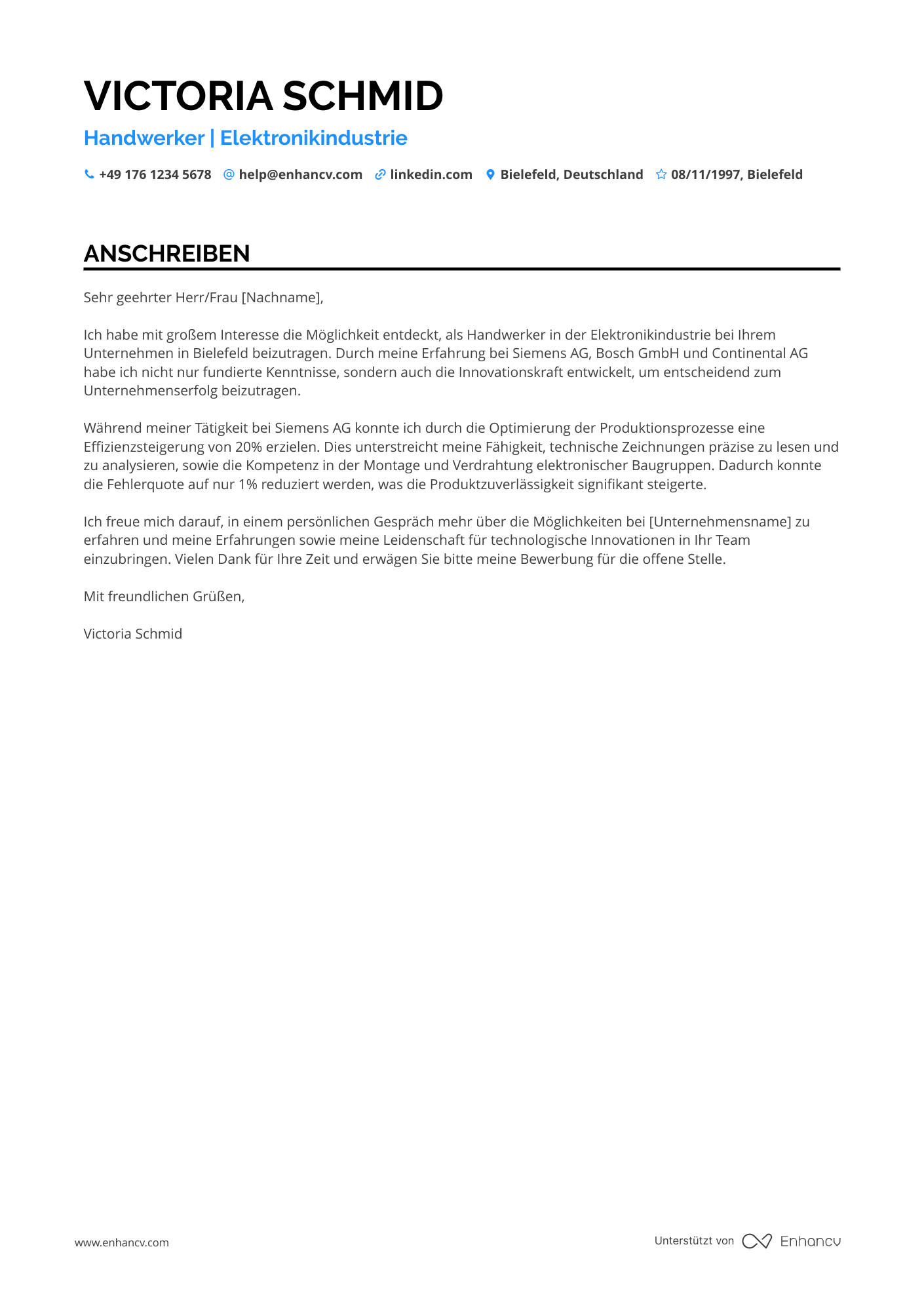 Handwerker in der Elektronikindustrie Resume Example