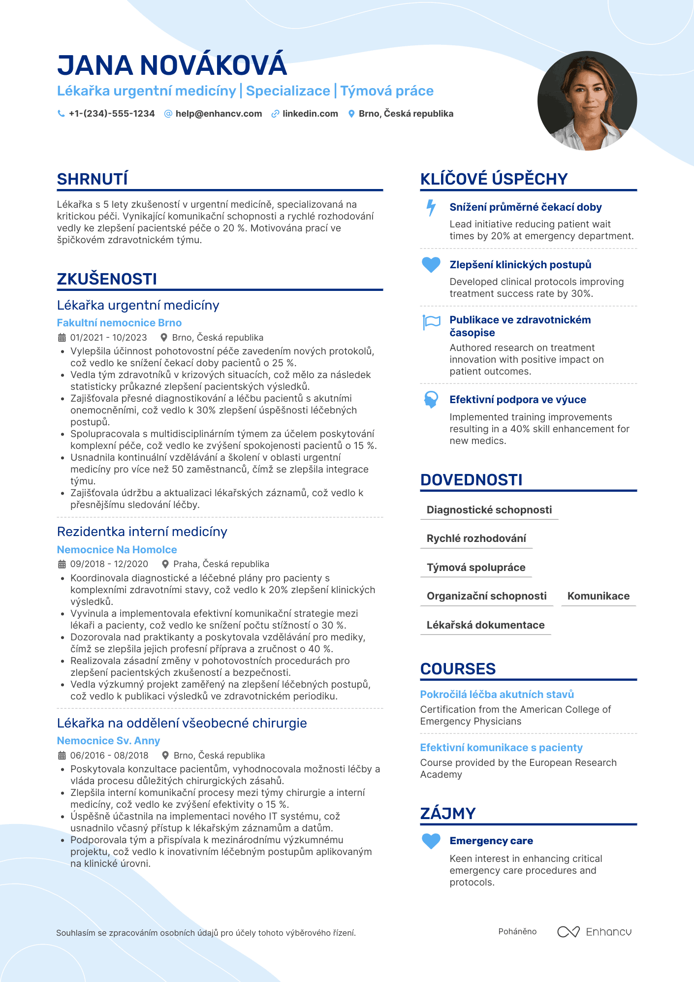 Životopis pro Lékař urgentní medicíny Resume Example